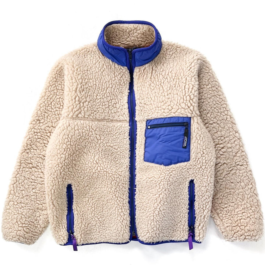 1989 Patagonia First Edition Retro Pile Cardigan, Natural & Cobalt (L)