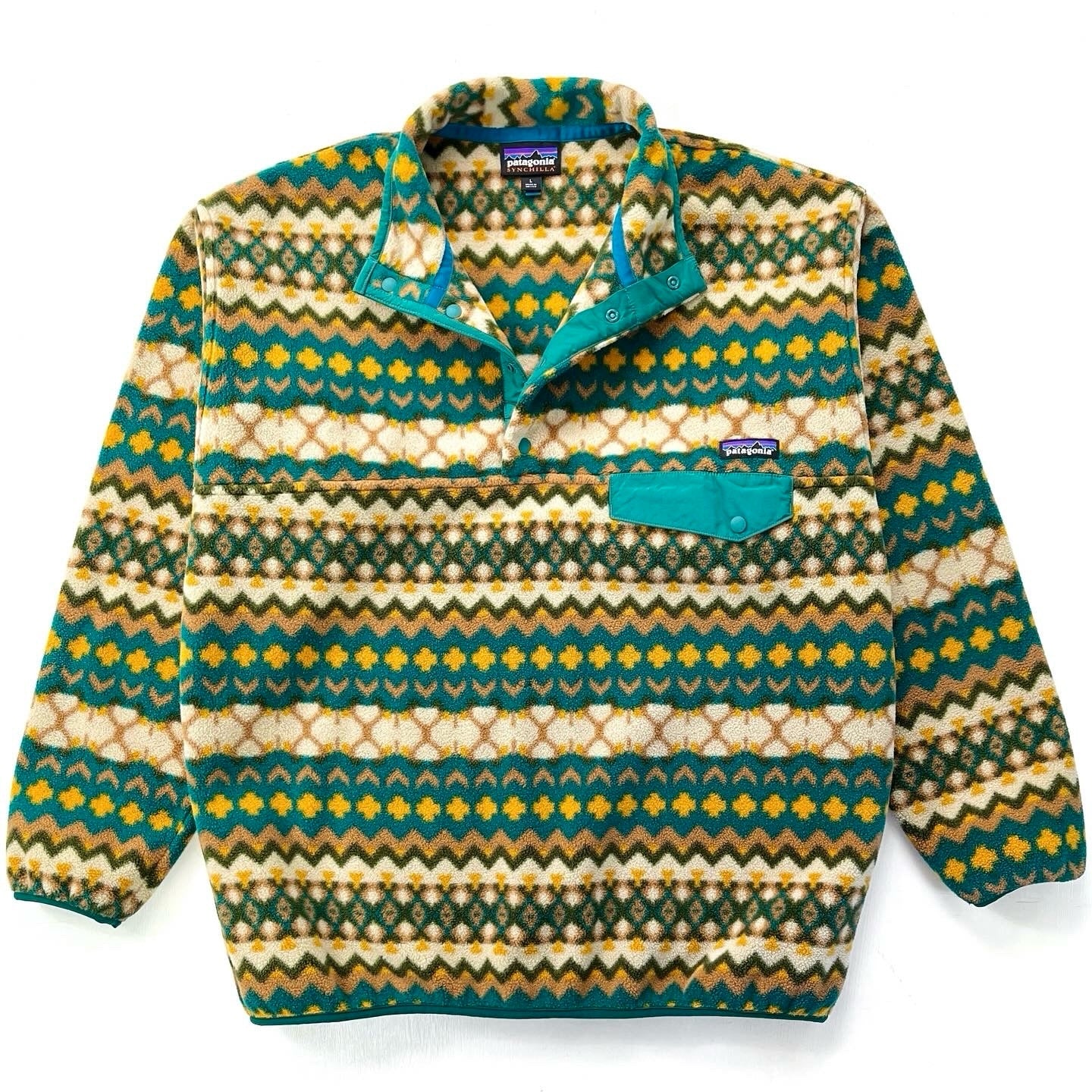 Rare Patagonia men’s Aztec tribal synchilla NEW hot cliff arbor green