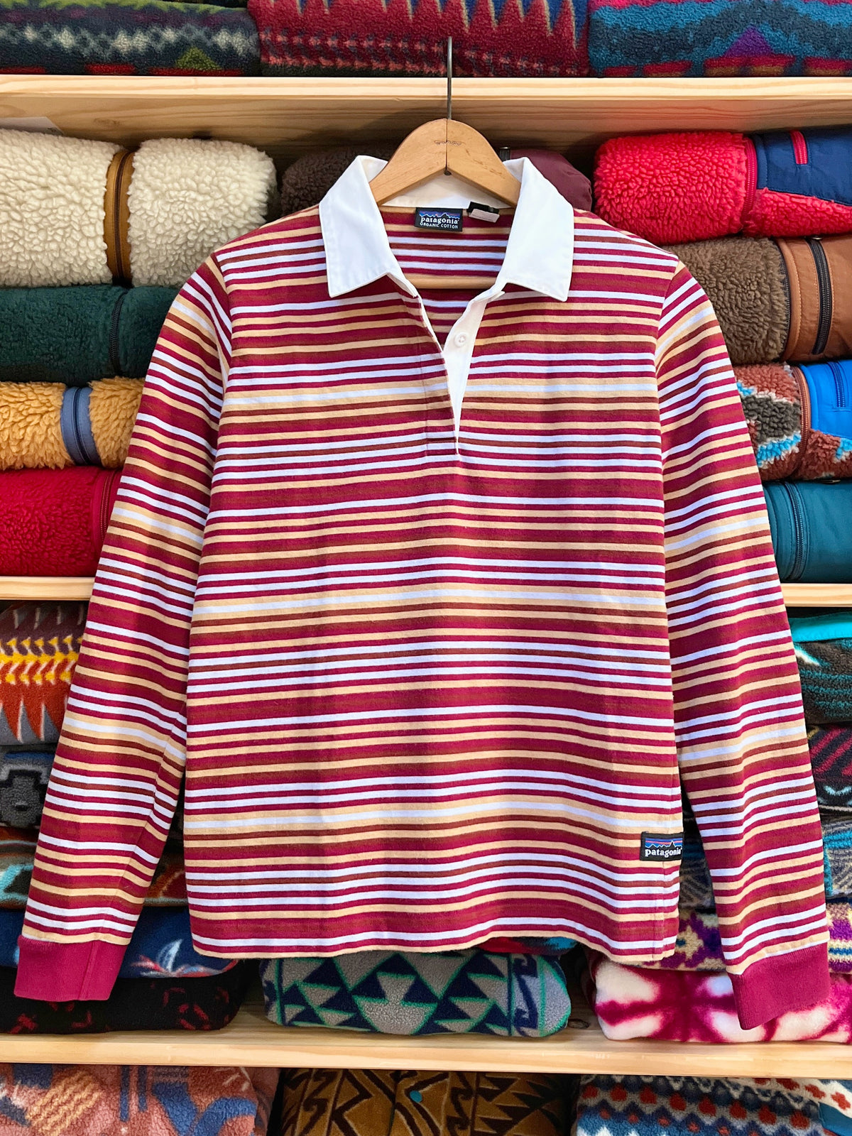 1995 Patagonia Womens Organic Cotton Rugby Shirt, Burgundy / White / Gold (S)
