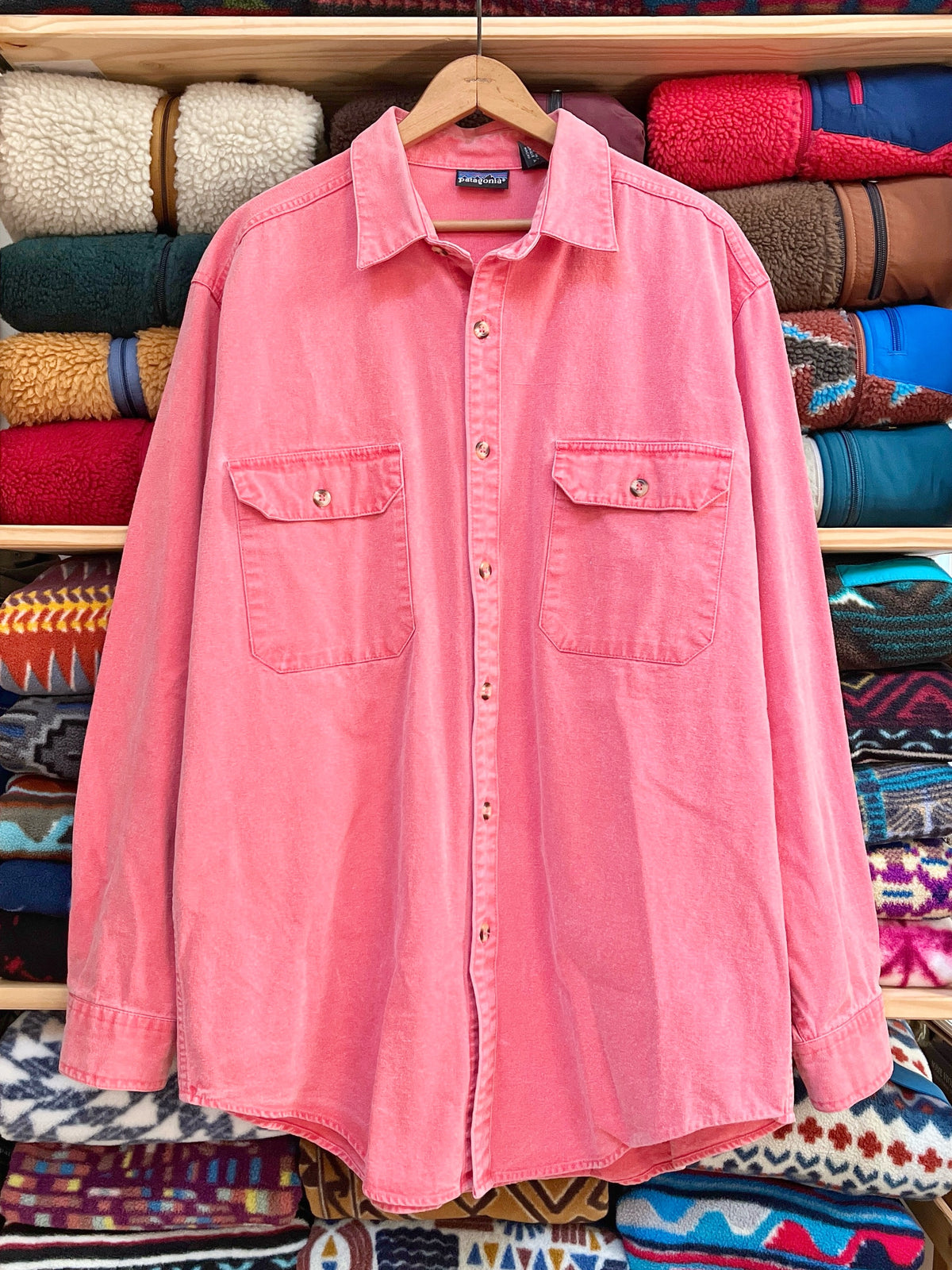 1990 Patagonia Original Garment Dyed Cotton Canvas Shirt, Faded Salmon (XL)