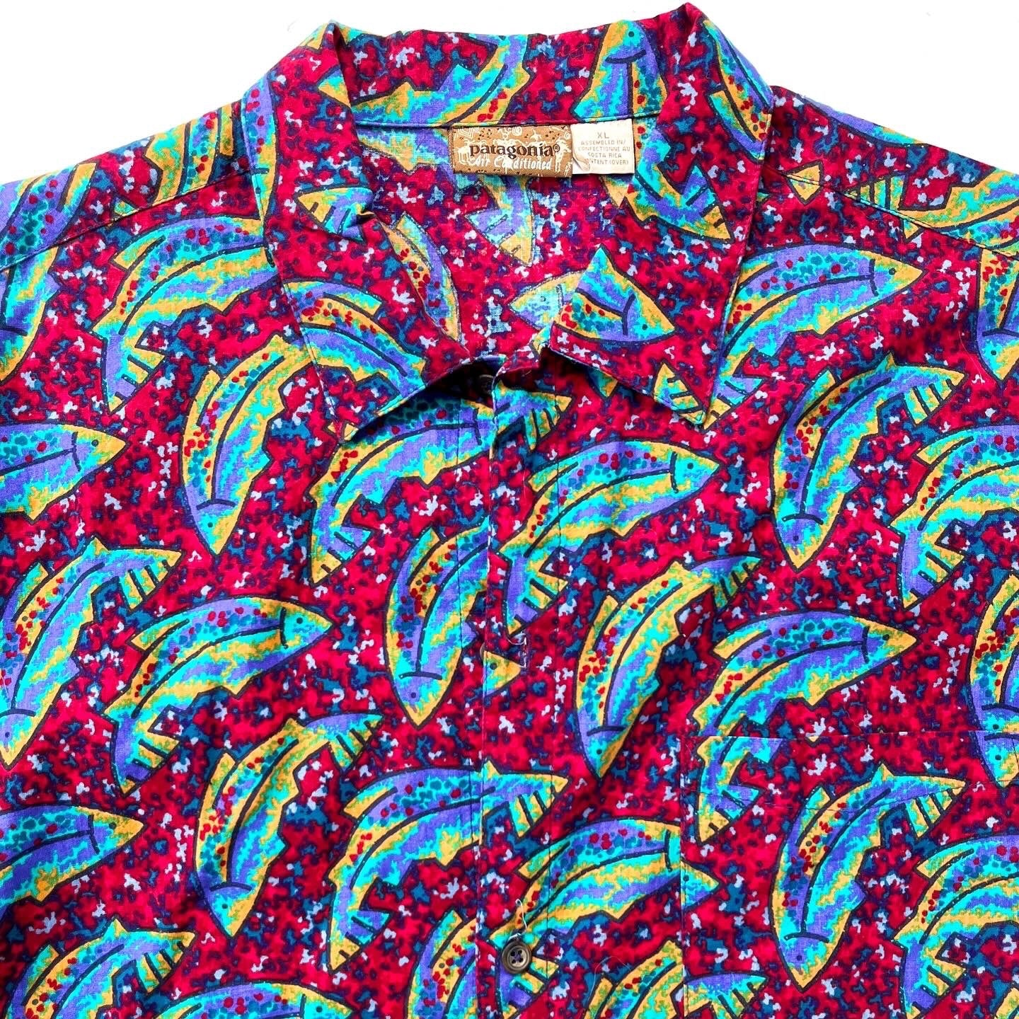 1993 Patagonia Mens A/C Cotton Print Shirt, Fish: Red (XL)
