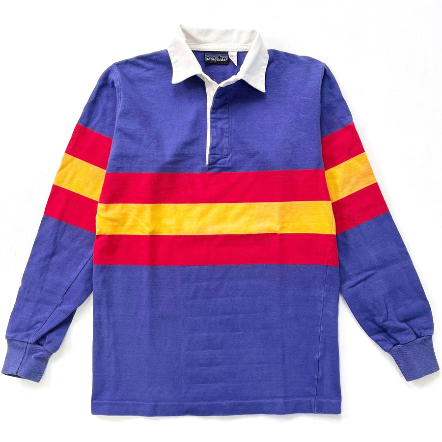1980s Patagonia Cotton Rugby Shirt, Blue / Red / Yellow (XS/S)