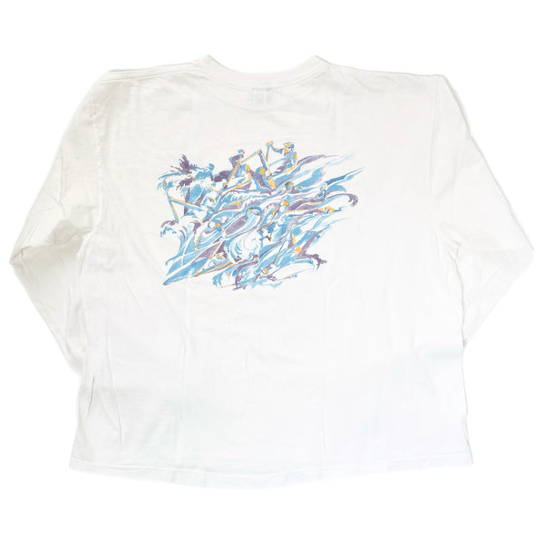 1990 Patagonia Made In The U.S.A. Long Sleeve Graphic T-Shirt, White (XL)