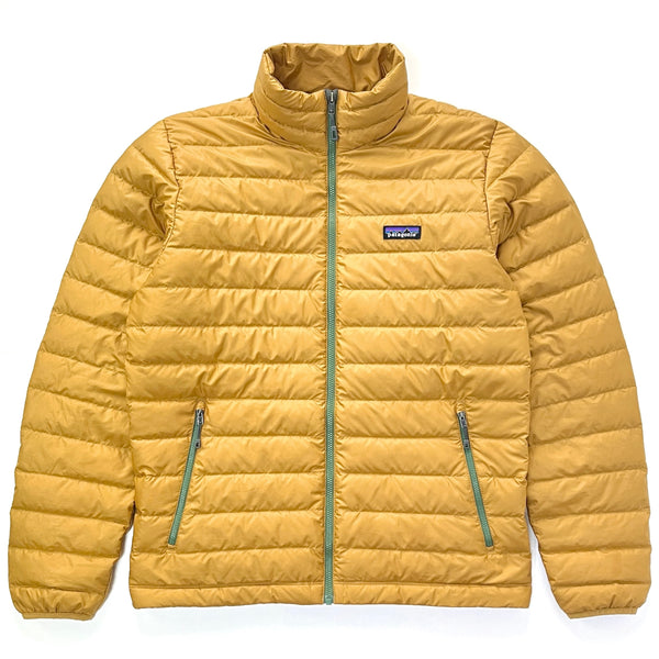 2017 Patagonia Mens Full-Zip Down Sweater, Cabin Gold / Forest Green (M)