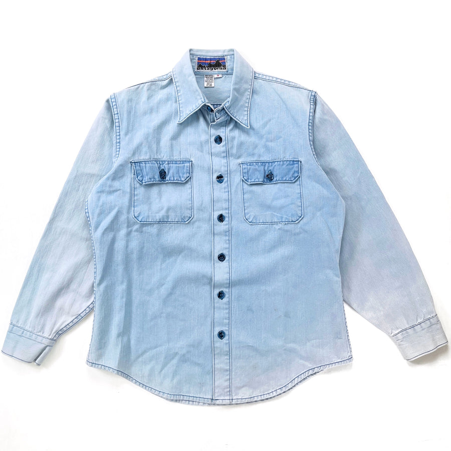 1970s Patagonia “Big Label” Cotton Canvas Shirt, Light Blue (M)
