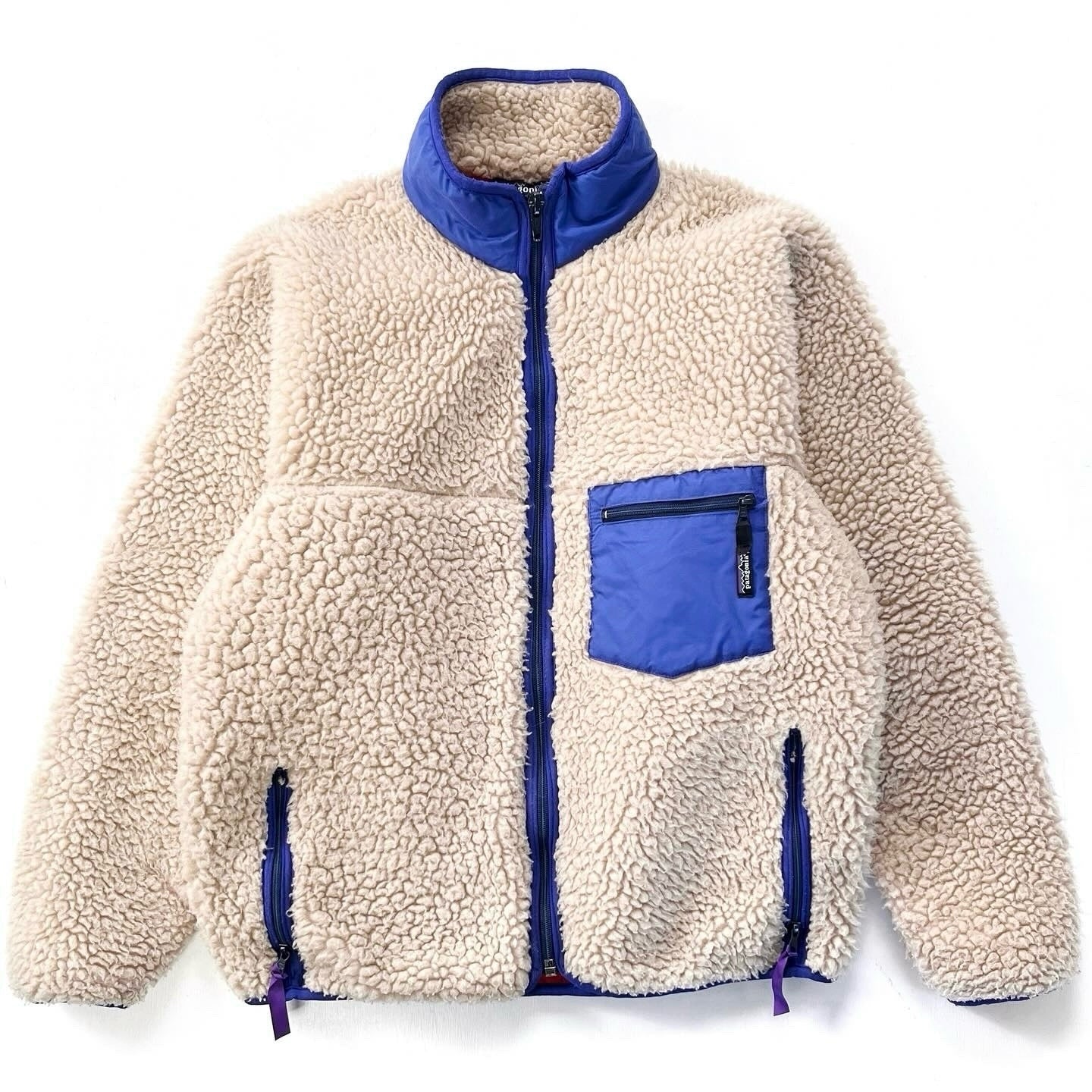 1989 Patagonia Made In The U.S.A. Retro Pile Cardigan, Natural & French Red (M/L)