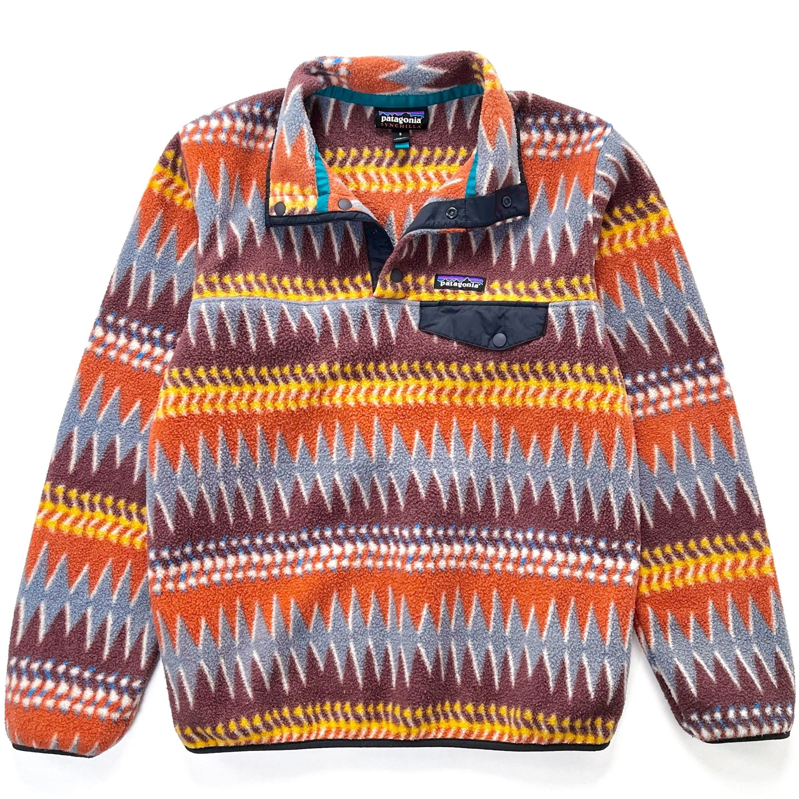 2017 Patagonia Womens Printed Synchilla Snap-T, Laughing Waters: Dark Ruby (S)