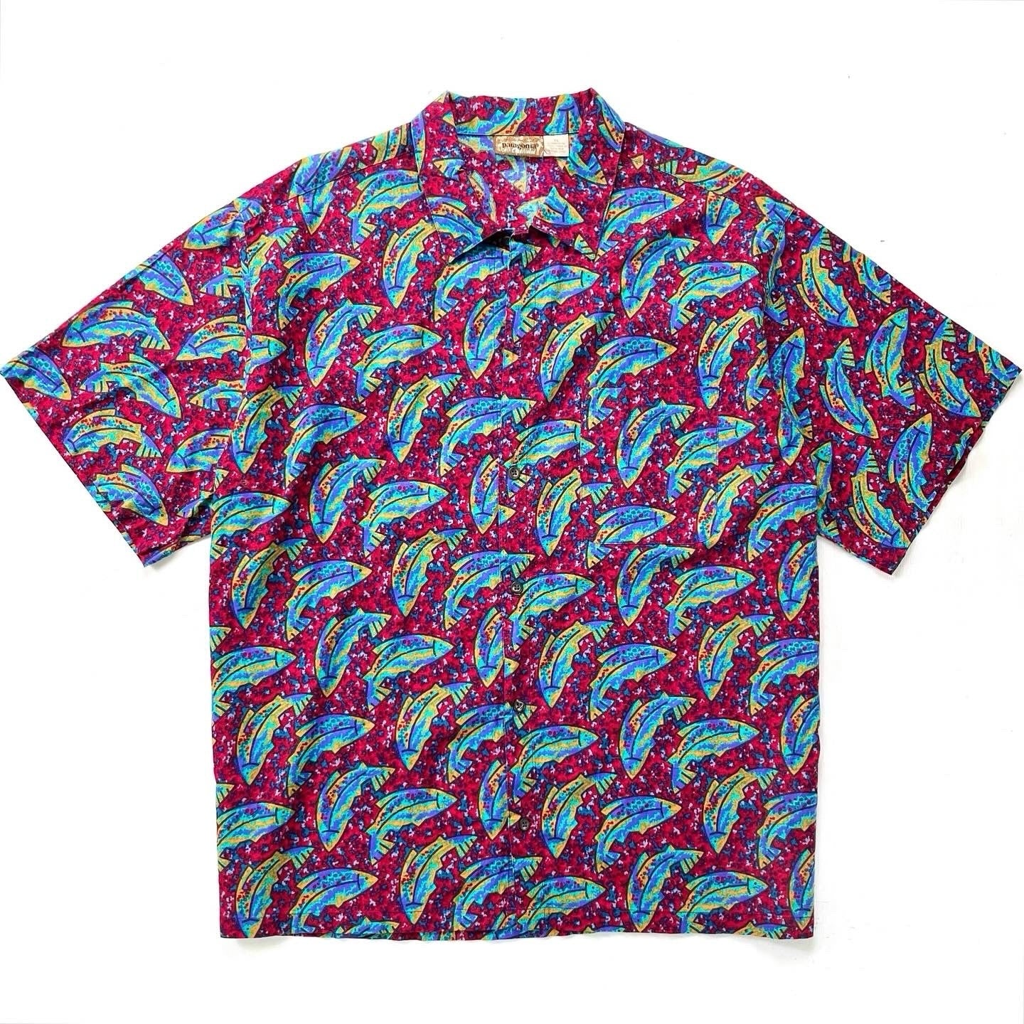 1993 Patagonia Mens A/C Cotton Print Shirt, Fish: Red (XL)