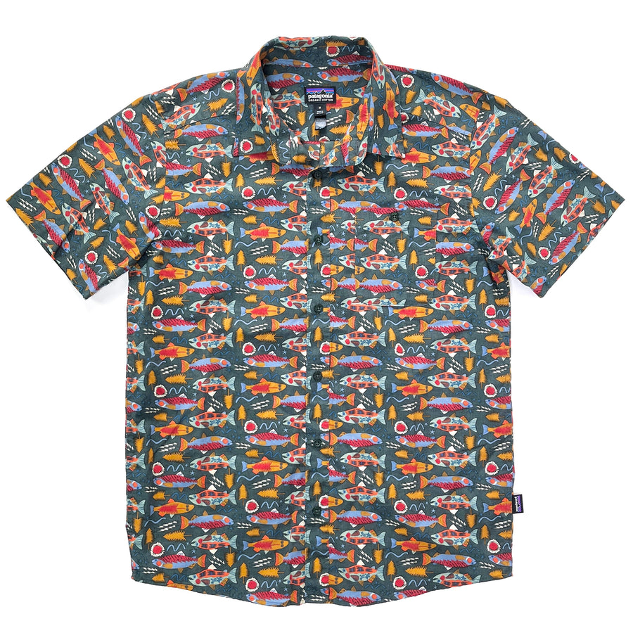 2020 Patagonia Mens Go To Cotton Print Shirt, Salmon Energy: Old Growth Green (M)