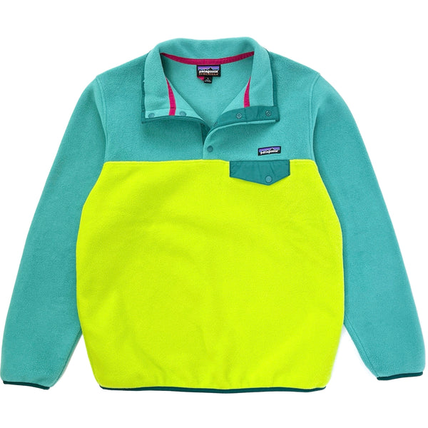 2015 Patagonia Womens Synchilla Snap-T Pullover, Light Teal & Neon Green (L)