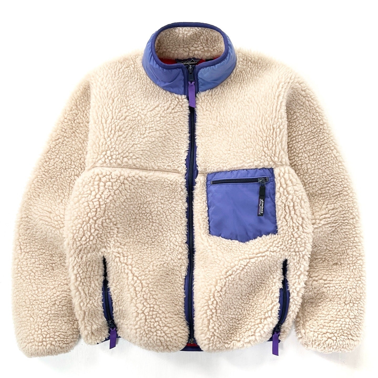 1988 Patagonia First Edition Classic Retro Pile Cardigan, Natural & French Red (S/M)