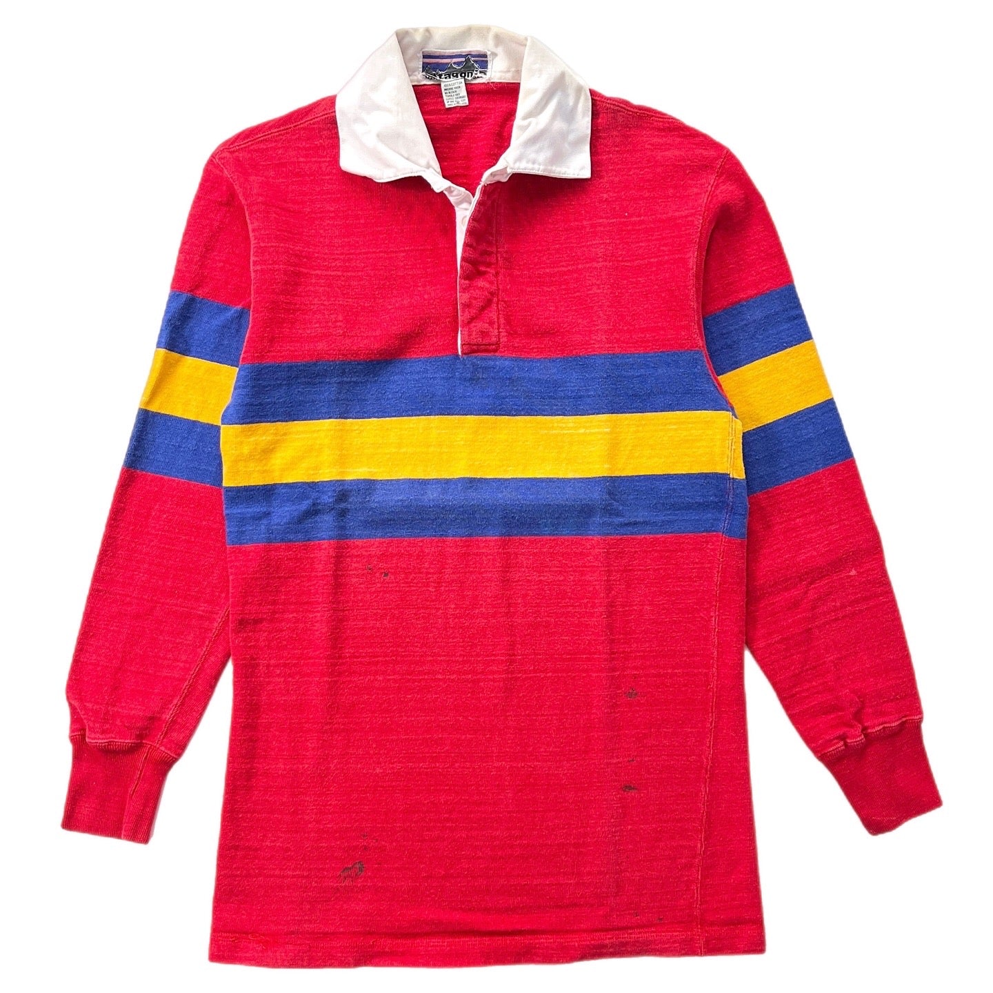 1970s Patagonia First Edition Big Label Rugby Shirt, Red Blue Yellow (S)