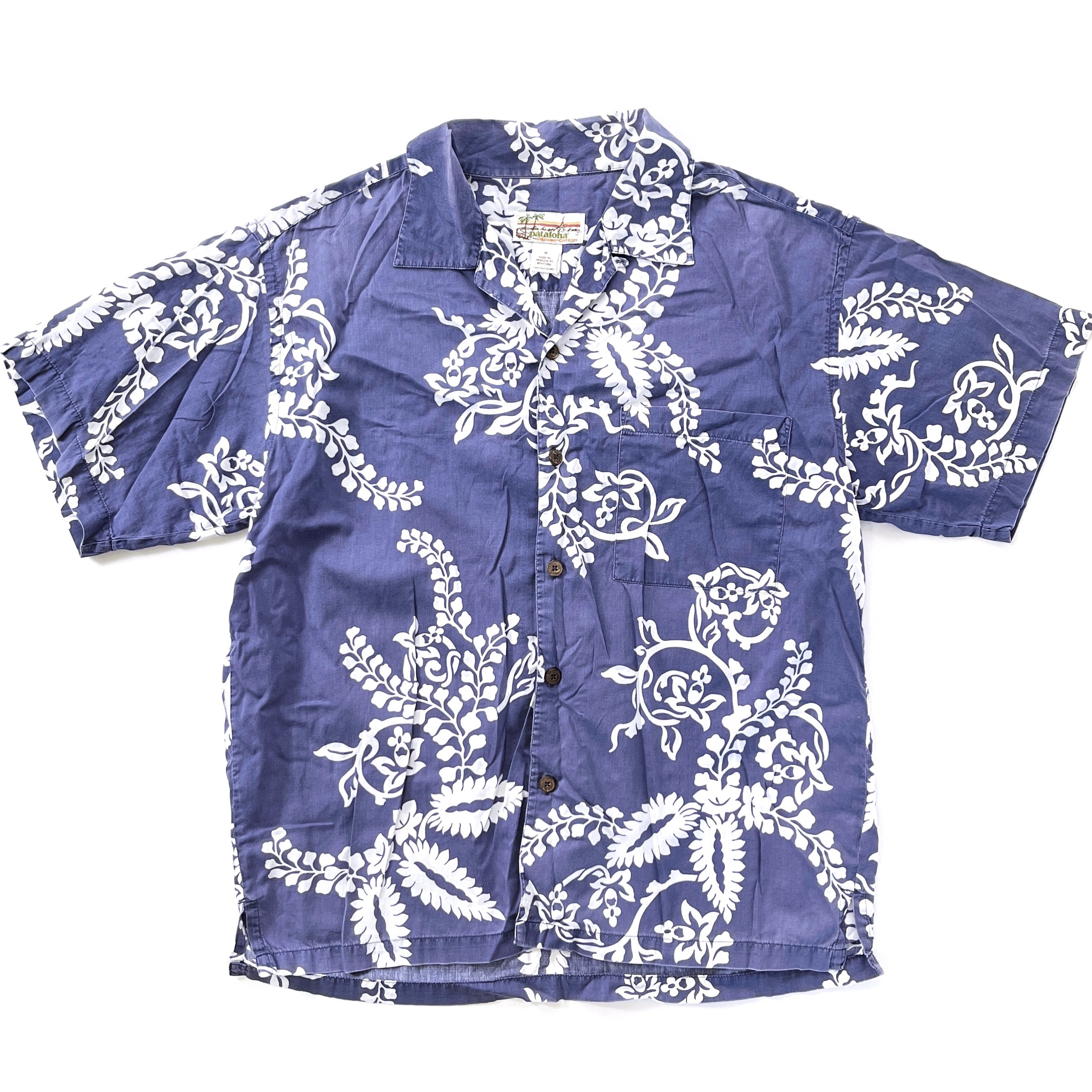 2004 Patagonia Limited Edition Pataloha Print Shirt, Blue Tropical Print (M)