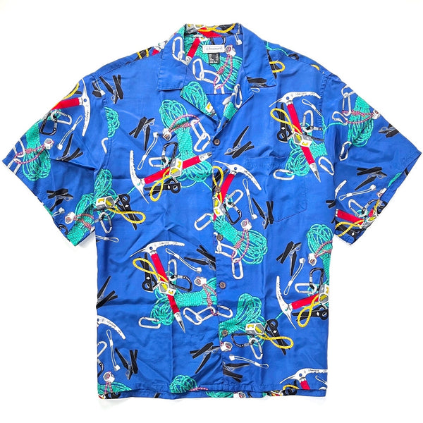 1980s Chouinard Equipment Mens Rayon Hawaiian Shirt, Climbing Gear Print (XL)