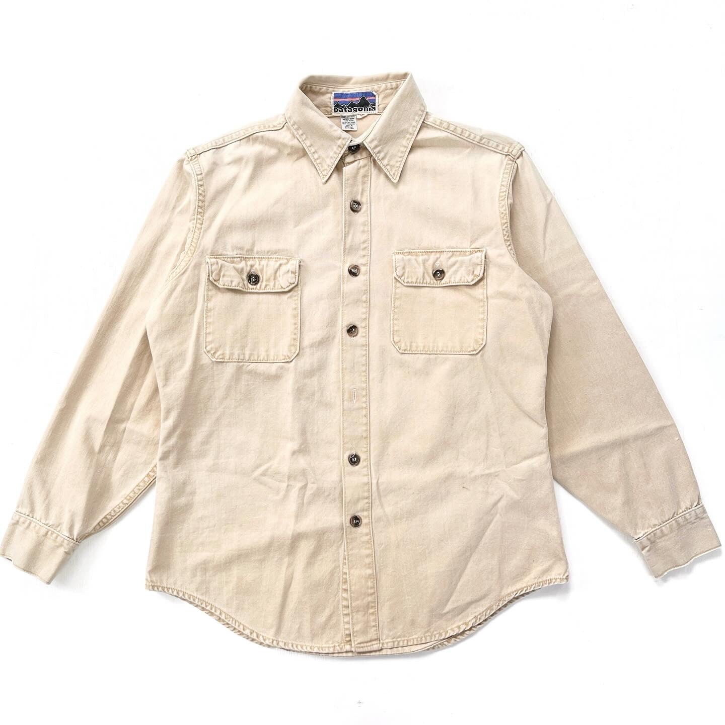 1970s Patagonia “Big Label” Cotton Canvas Shirt, Light Tan (M)