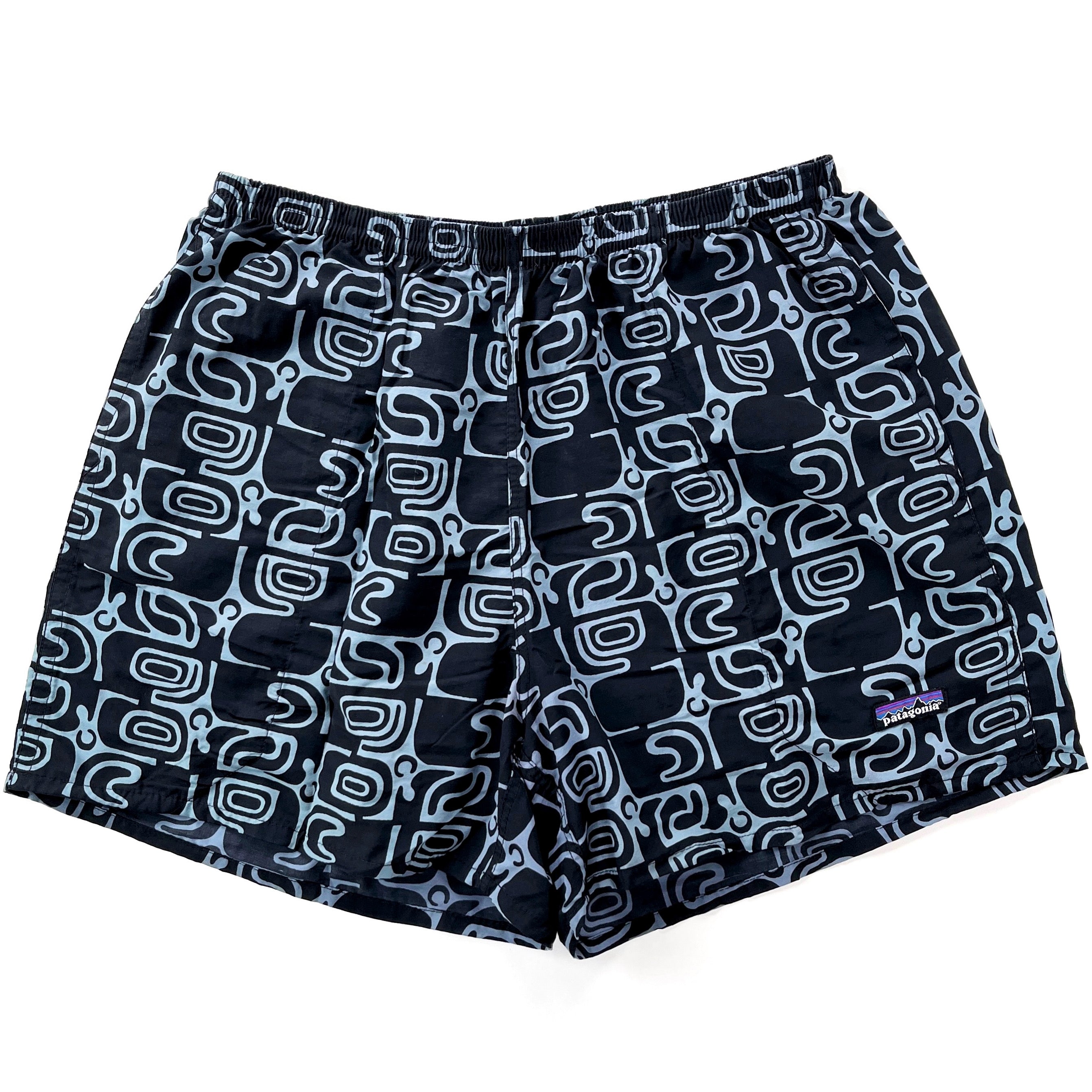 2000 Patagonia Mens 5” Printed Nylon Baggies Shorts, Black & Light Blue (L)