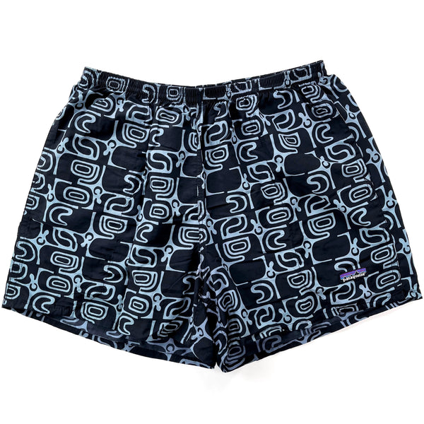 2000 Patagonia Mens 5” Printed Nylon Baggies Shorts, Black & Light Blue (L)