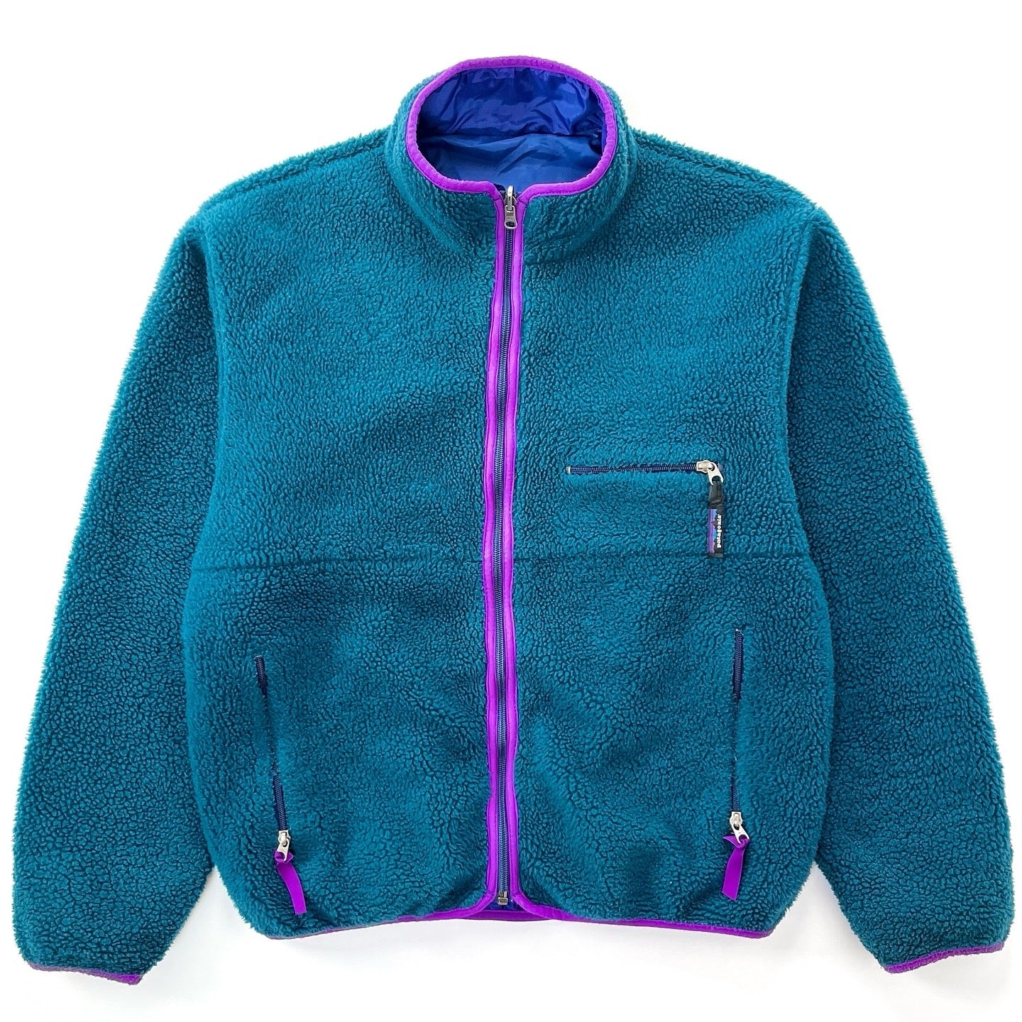 1993 Patagonia Reversible Deep Pile Glissade Cardigan, Bluegrass & Purple (L)