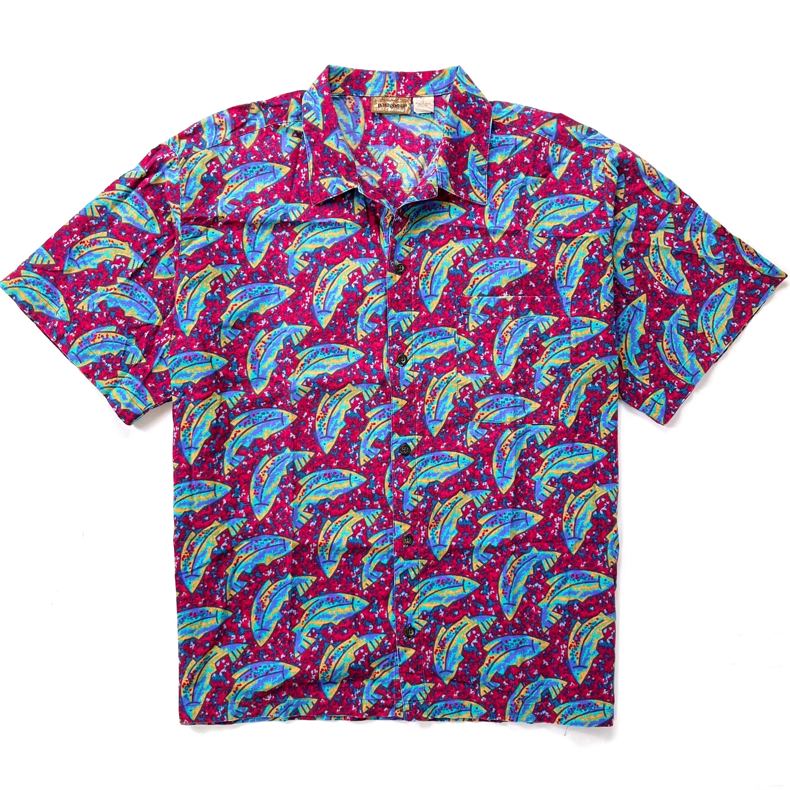 1993 Patagonia Mens A/C Cotton Print Shirt, Rainbow Fish (L/XL)