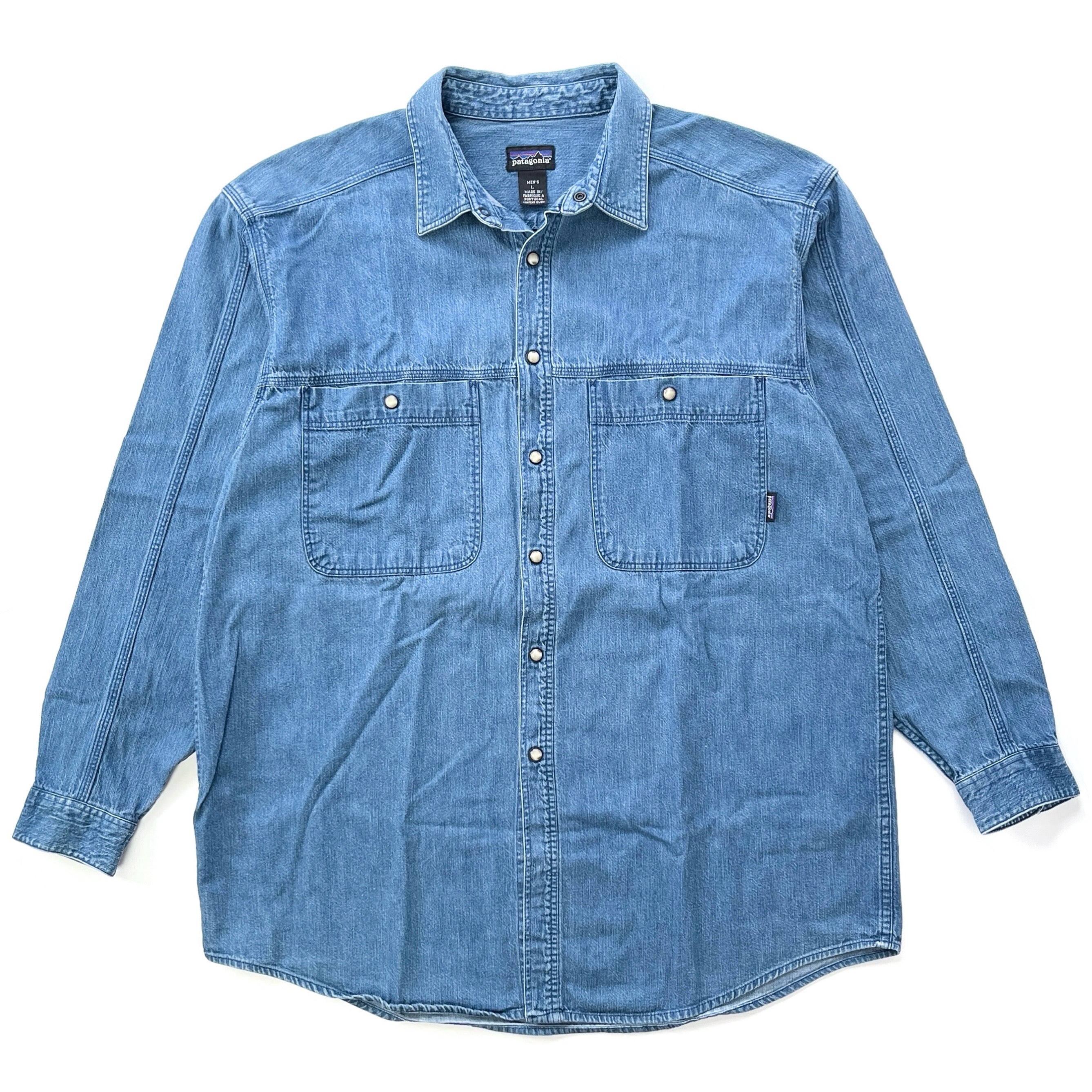 1990s Patagonia Made In Portugal Pearl Snap Cotton Denim Shirt, Medium Blue (L/XL)