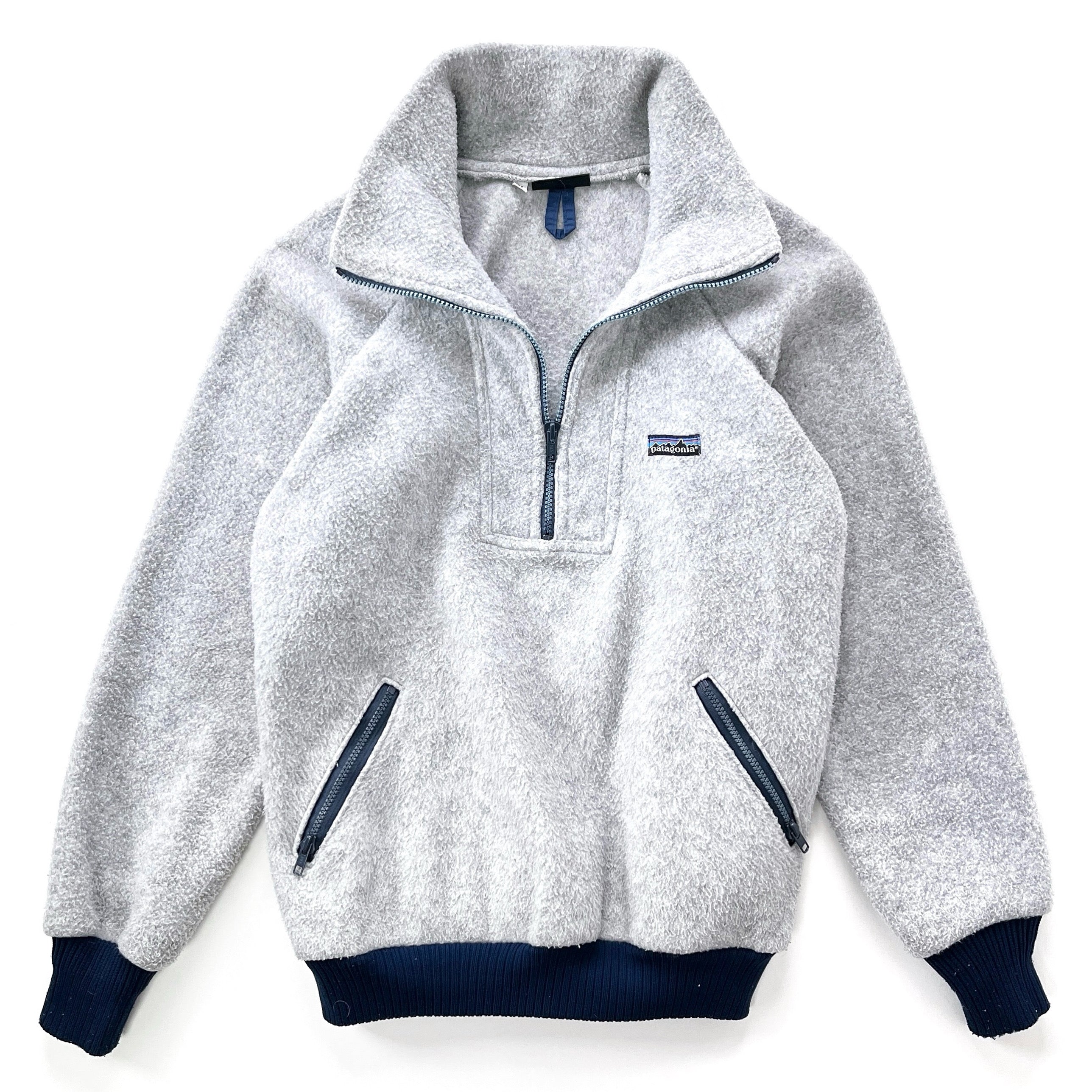 1980s Patagonia Big Label Bunting Half-Zip Fleece Pullover, Light Grey & Navy (S)