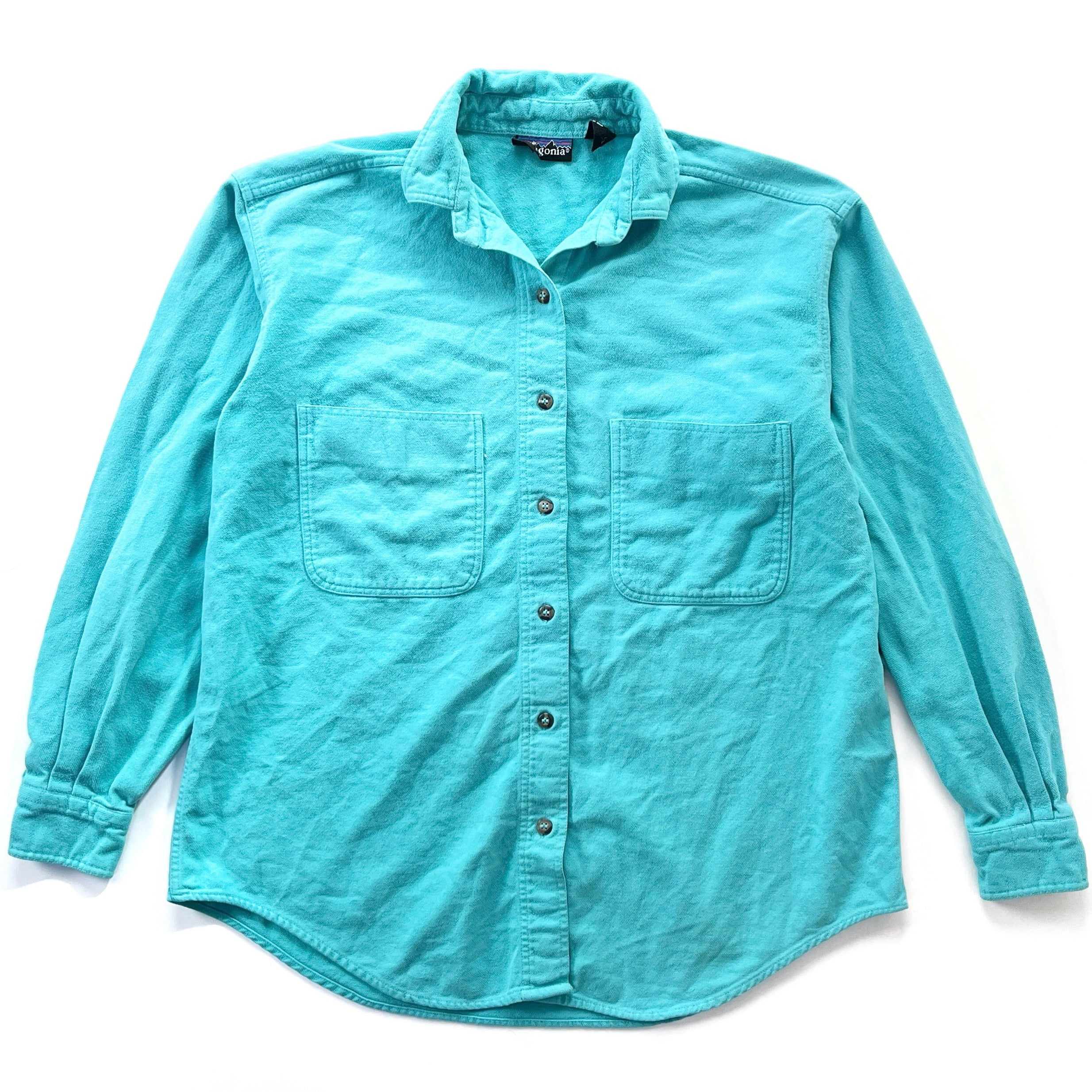 1980s Patagonia Womens Cotton Flannel Shirt, Bright Aqua (M)