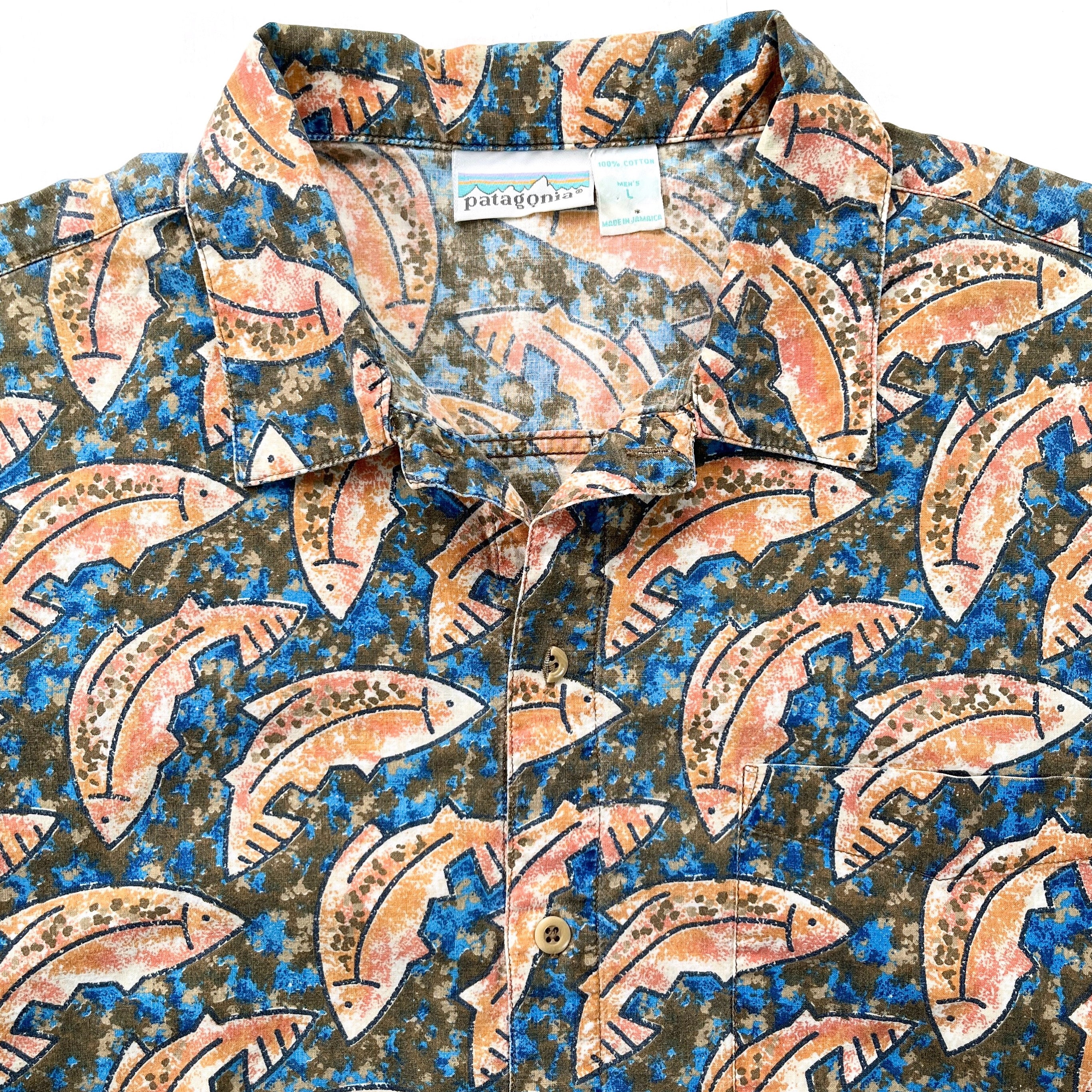 1992 Patagonia Mens A/C Cotton Print Shirt, Fish: Seaweed (L/XL)