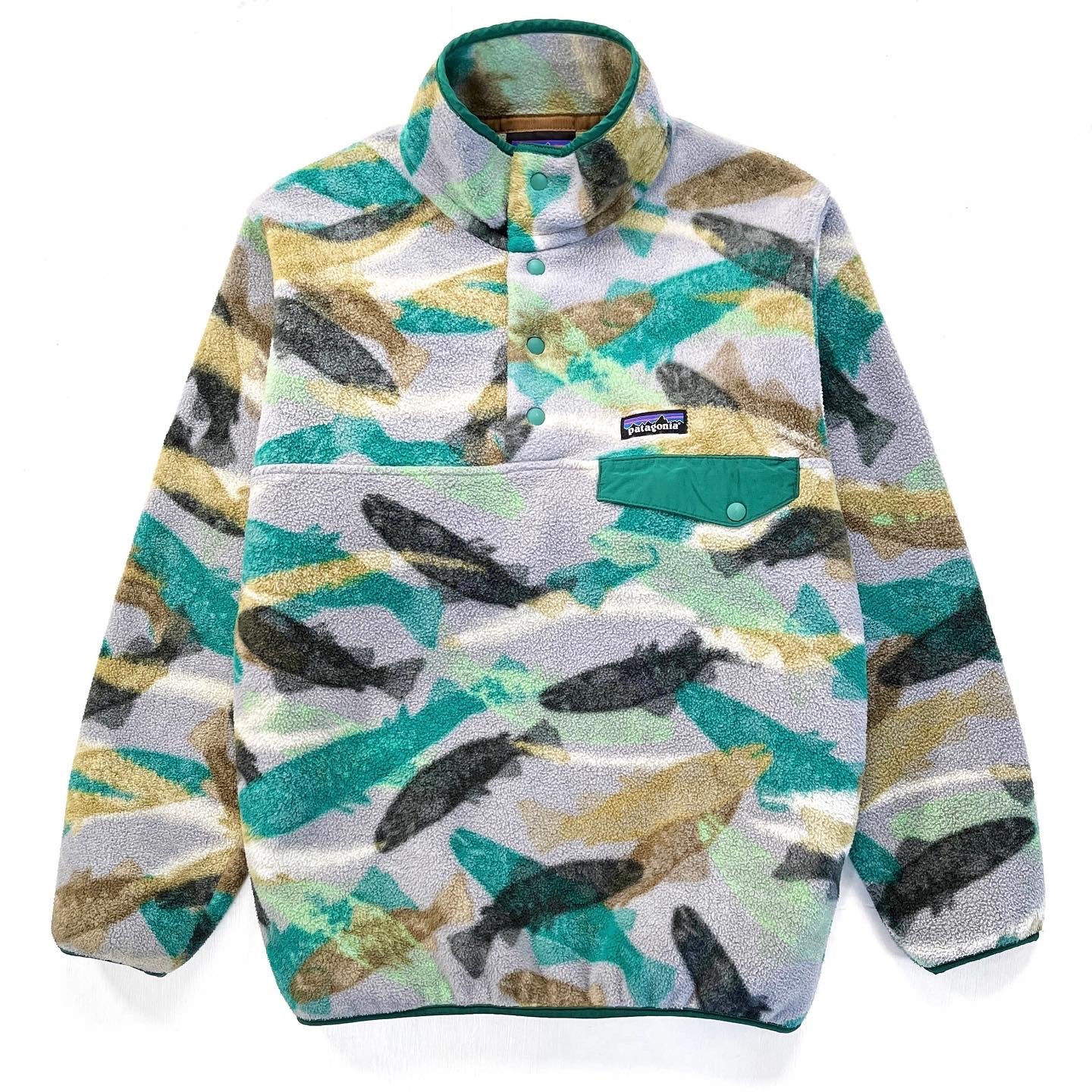 2016 Patagonia Printed Synchilla Snap-T, Trout Tails: Green (XS/S)