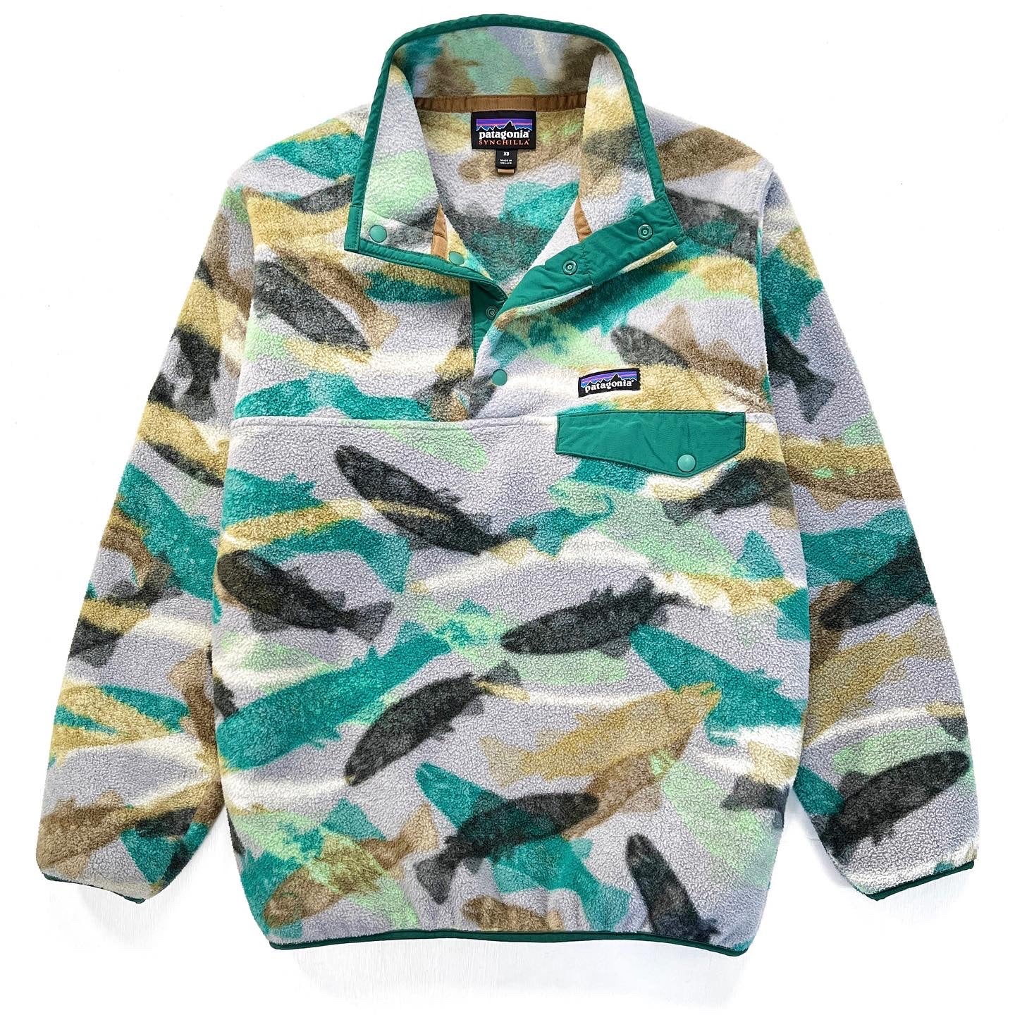 2016 Patagonia Printed Synchilla Snap-T, Trout Tails: Green (XS/S)