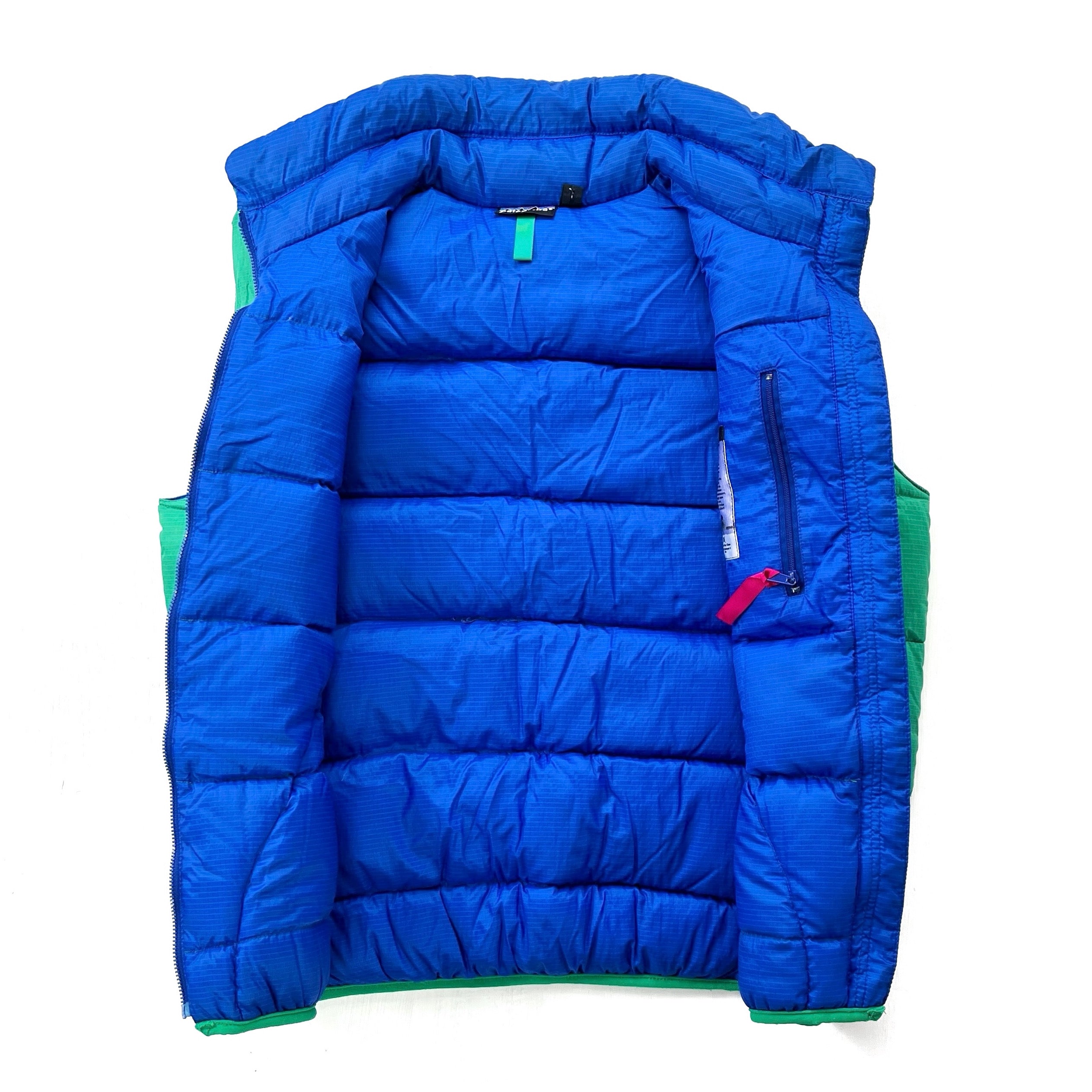 1989 Patagonia Hi-Loft Goose Down Vest, Emerald & Cobalt (S)