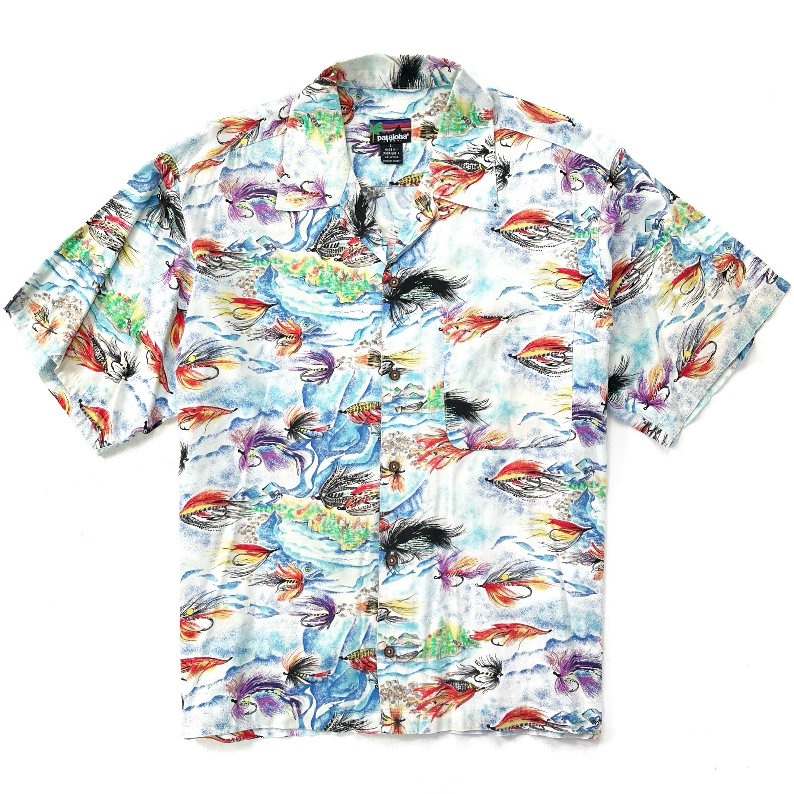 1993 Patagonia Limited Edition Pataloha Print Shirt, Fly Fishing Print (L/XL)