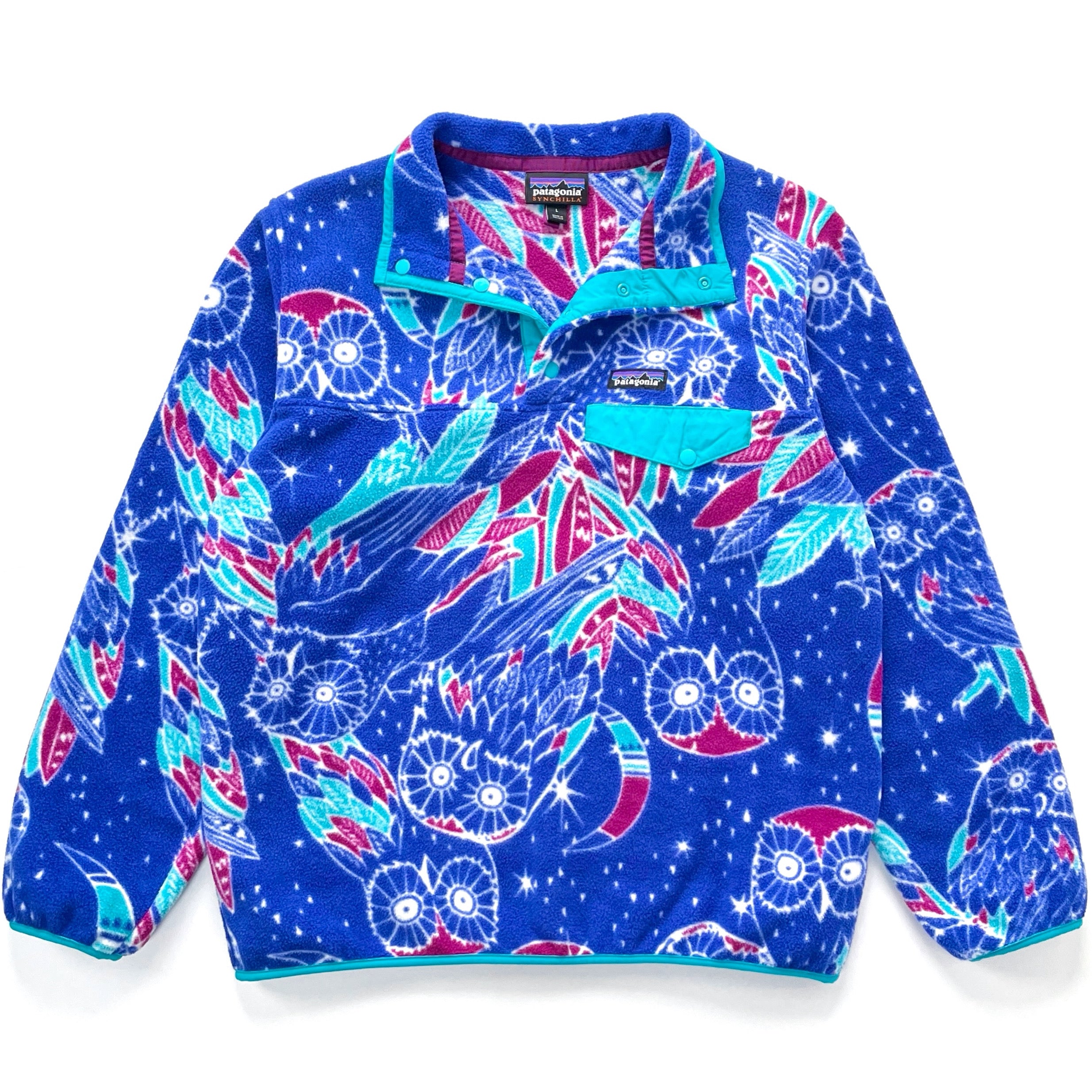 2016 Patagonia Womens Printed Synchilla Snap-T, Harvest Moon Owl (L)