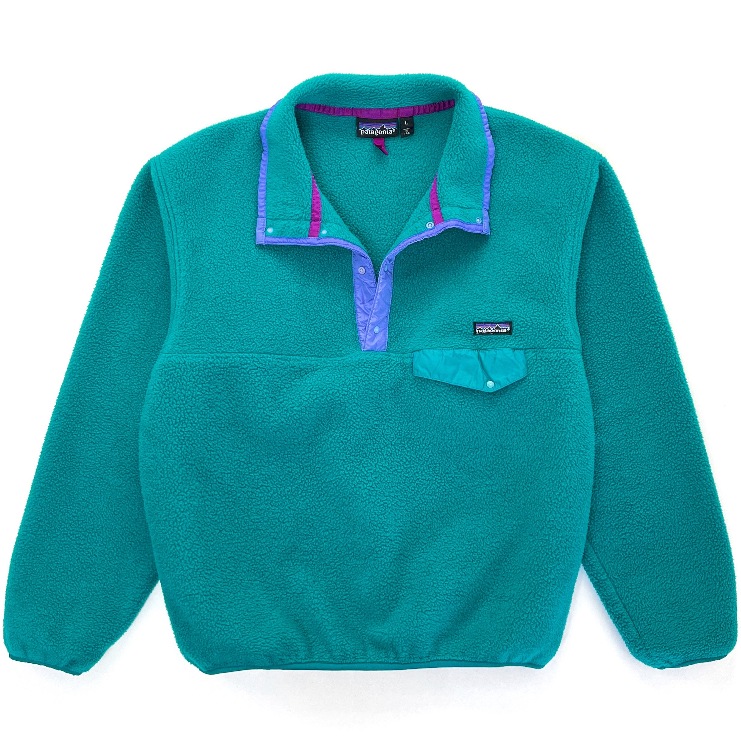 1990 Patagonia Made In The U.S.A. Synchilla Snap-T, Emerald / Purple (L)