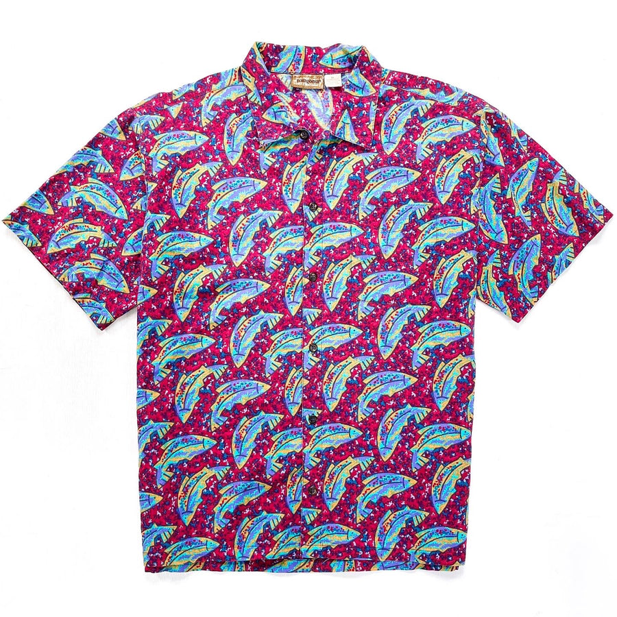 1992 Patagonia Mens Cotton A/C Print Shirt, Fish: Red (L)