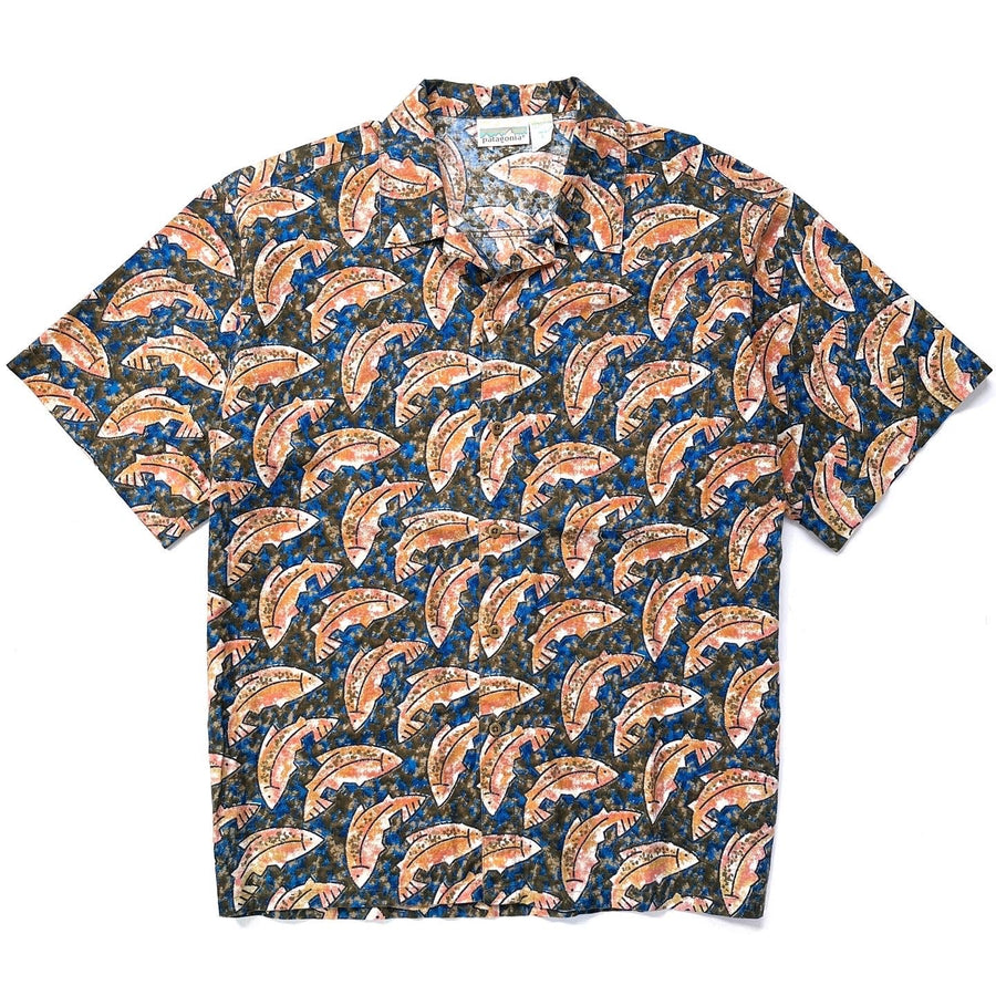 1992 Patagonia Mens Cotton A/C Print Shirt, Fish: Blue (L)