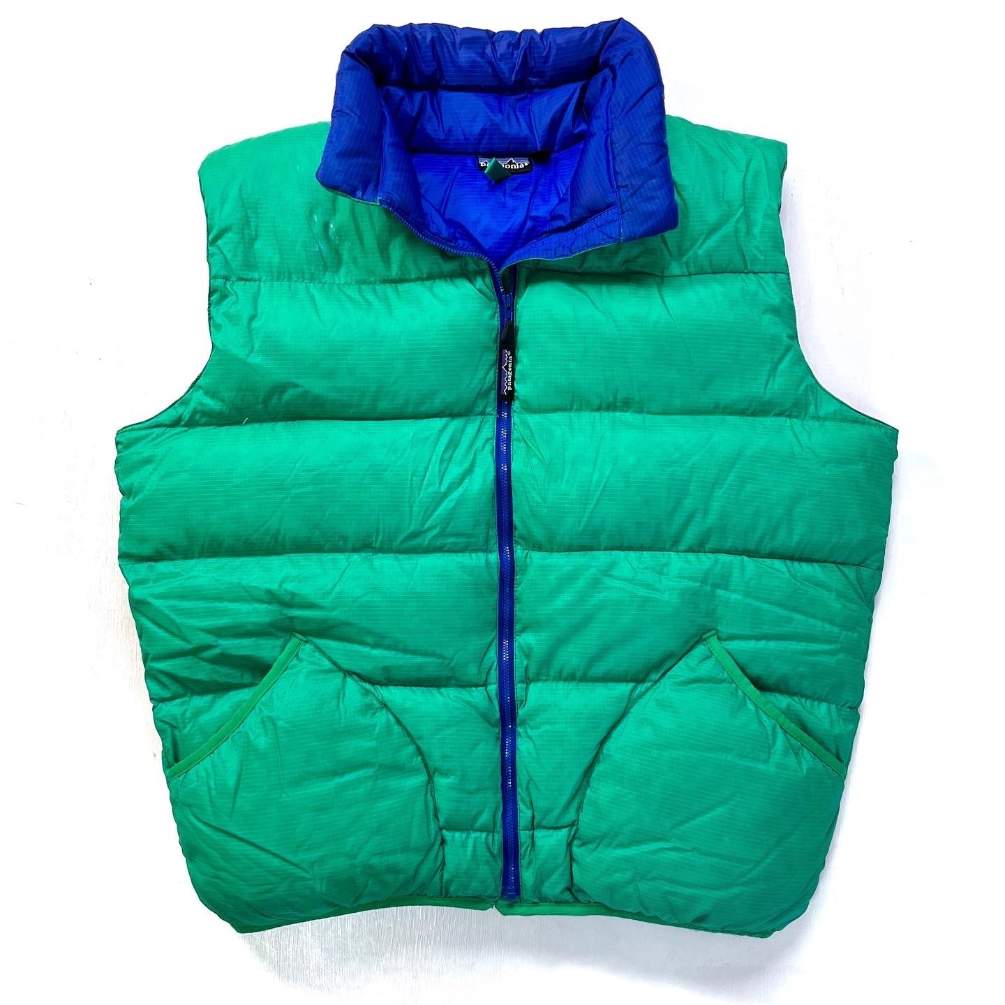 1990 Patagonia Hi-Loft Goose Down Vest, Emerald & Cobalt (L)