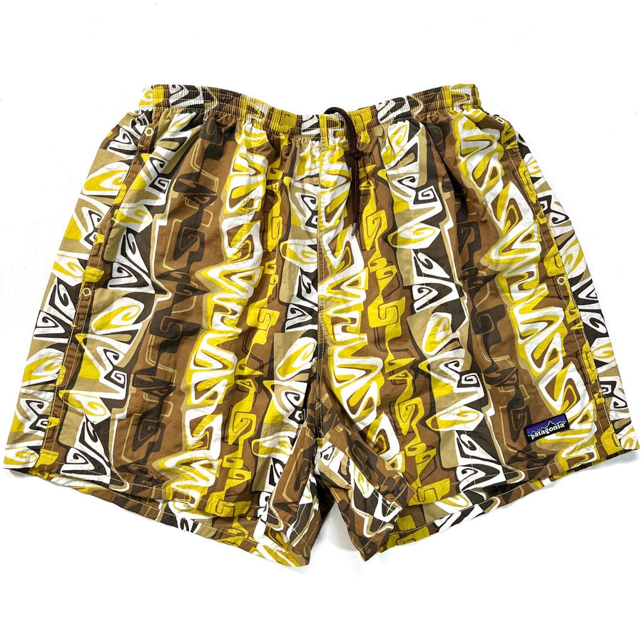 2004 Patagonia Mens 5” Printed Baggies Shorts, Brown & Yellow (L)