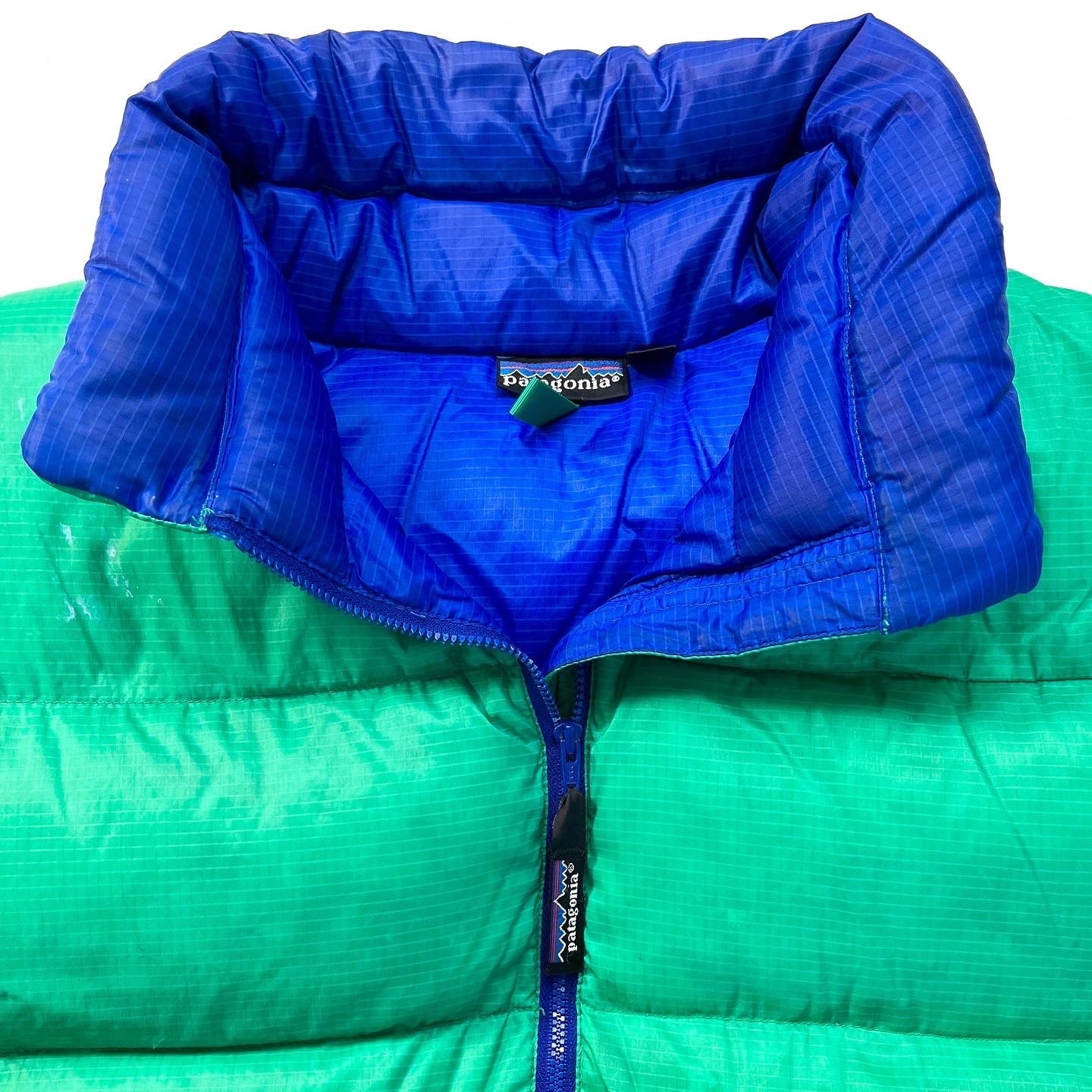 1990 Patagonia Hi-Loft Goose Down Vest, Emerald & Cobalt (L)