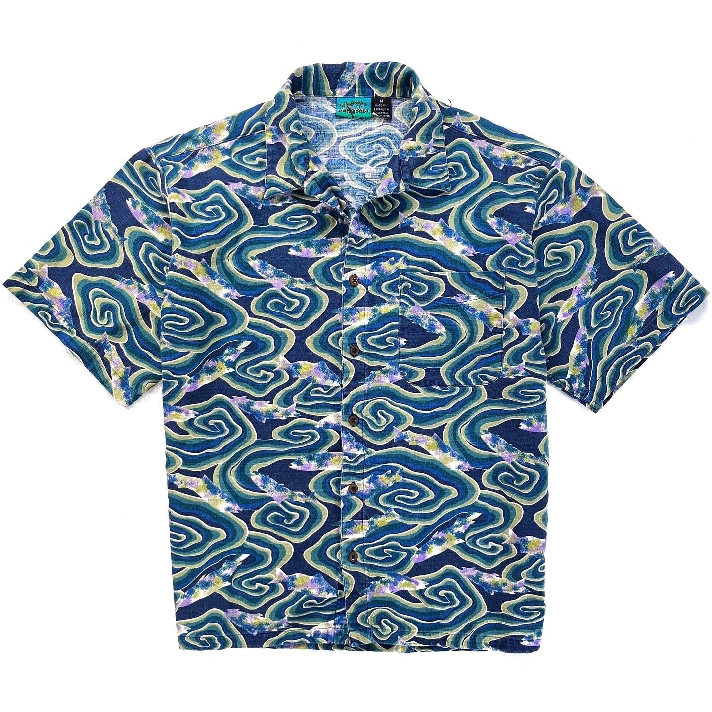 1994 Patagonia Mens A/C Cotton Print Shirt, Java Fish: Indigo (M)