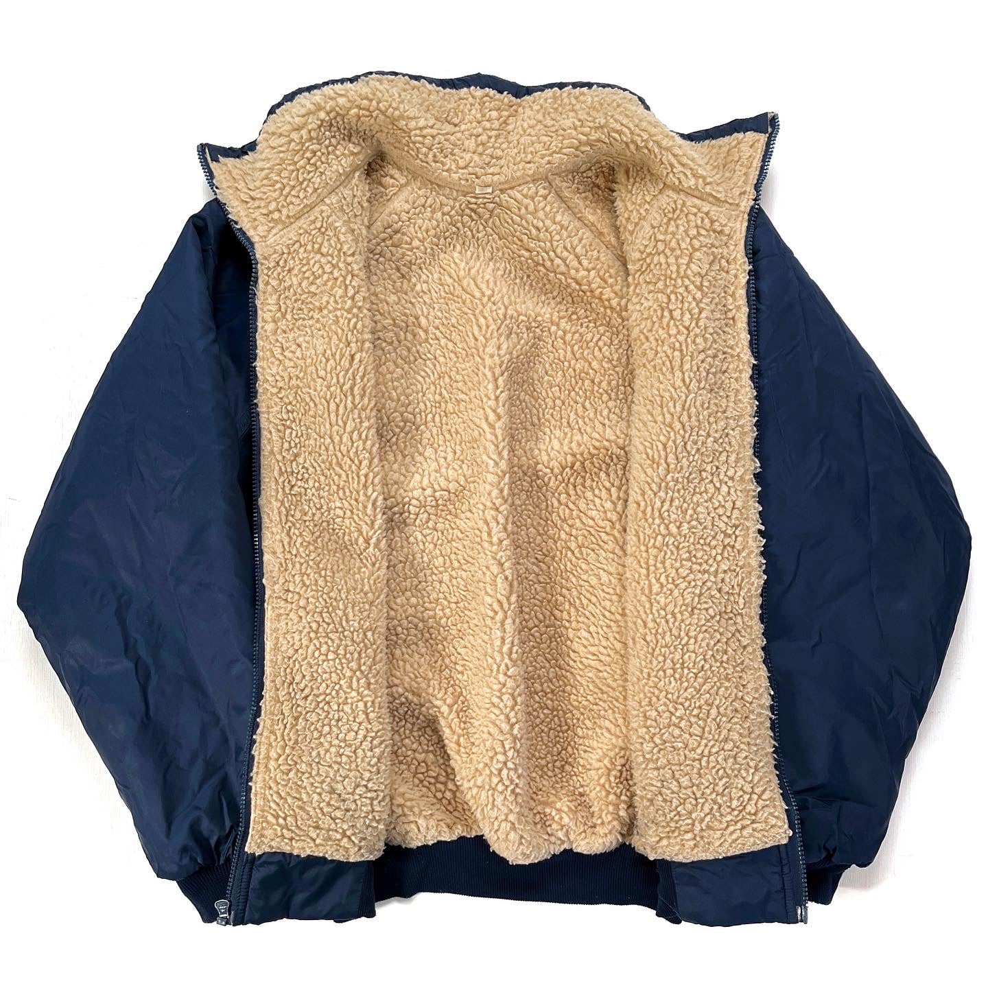 1970s Patagonia Nylon Shelled Pile Bomber Jacket, Navy & Tan (S)