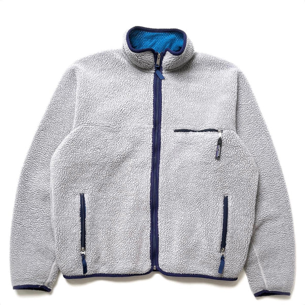 1991 Patagonia Retro Pile Cardigan, Heather Grey & Bright Navy (XL)