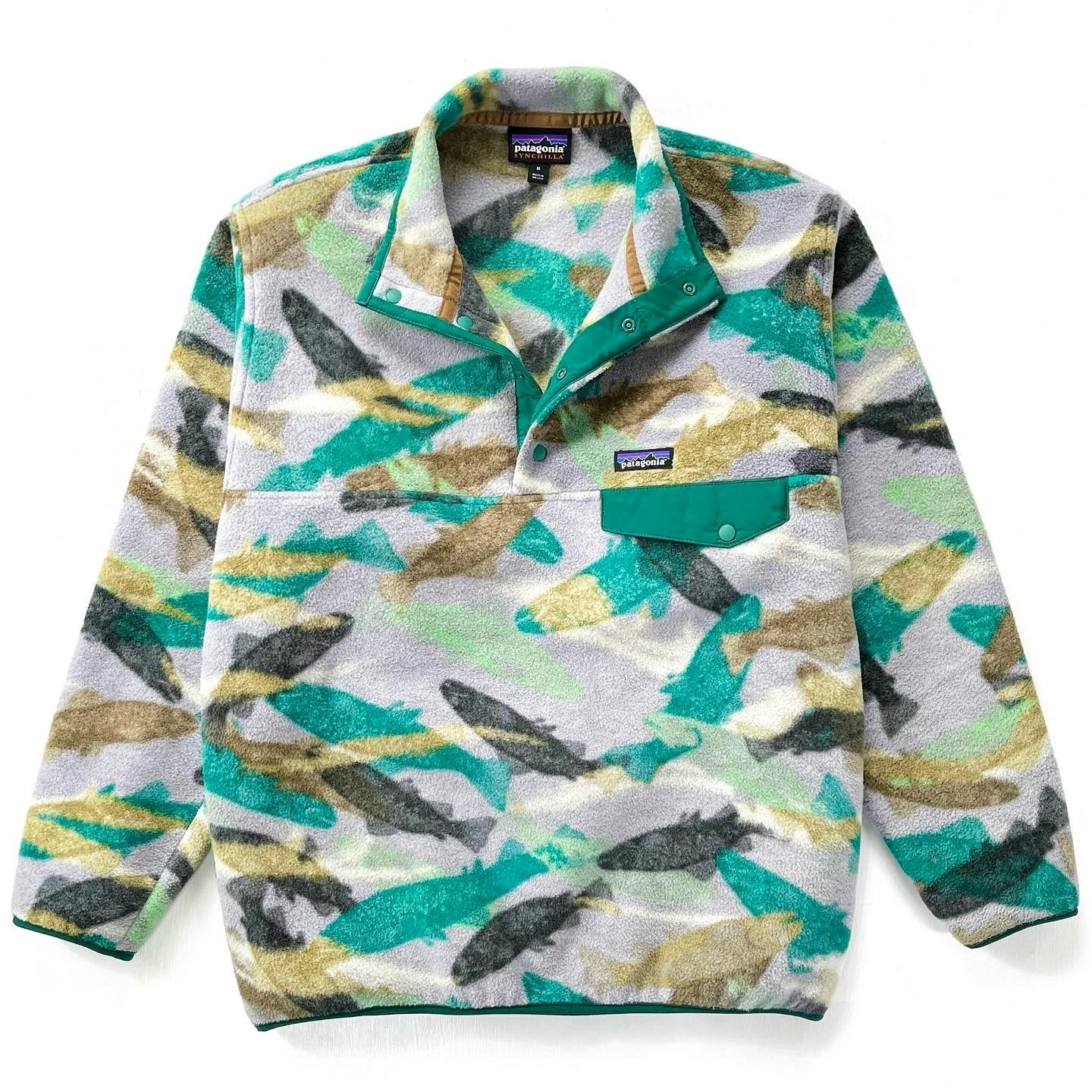 2016 Patagonia Printed Synchilla Snap-T, Trout Tails: Green (M)