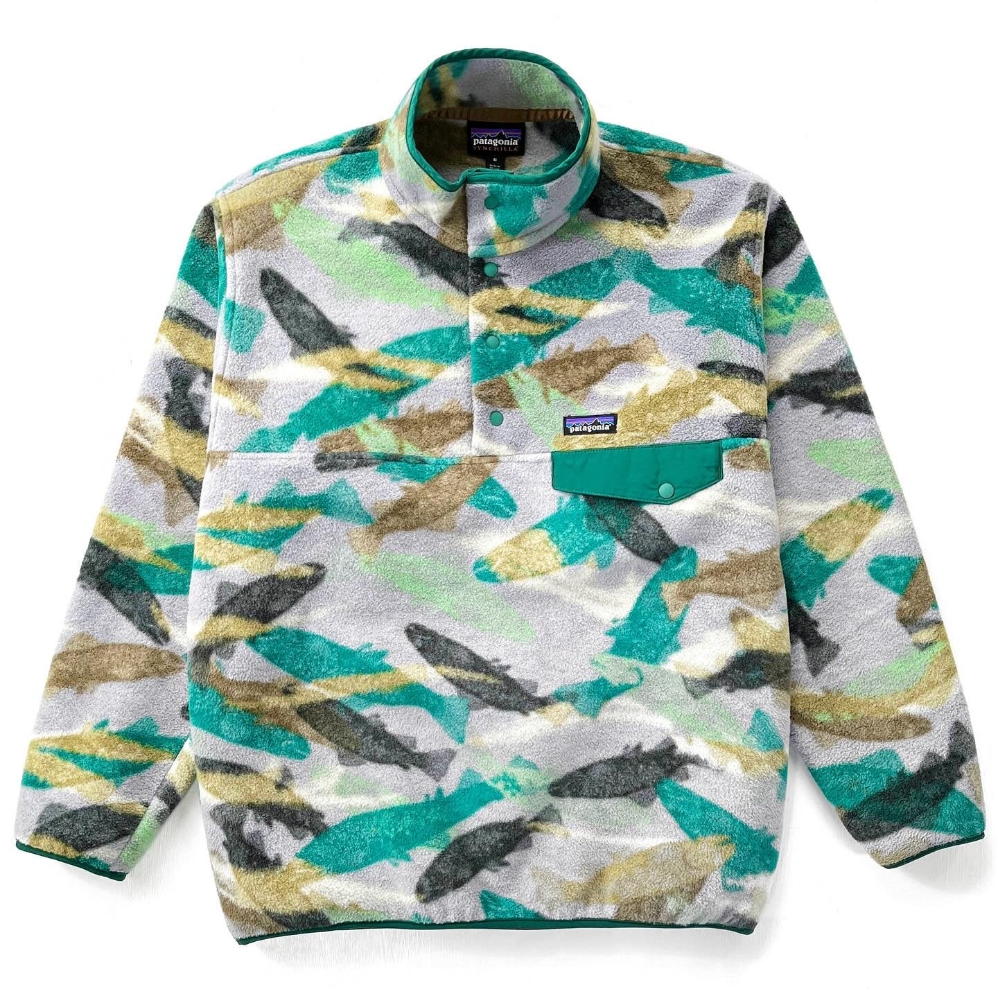 2016 Patagonia Printed Synchilla Snap-T, Trout Tails: Green (M)