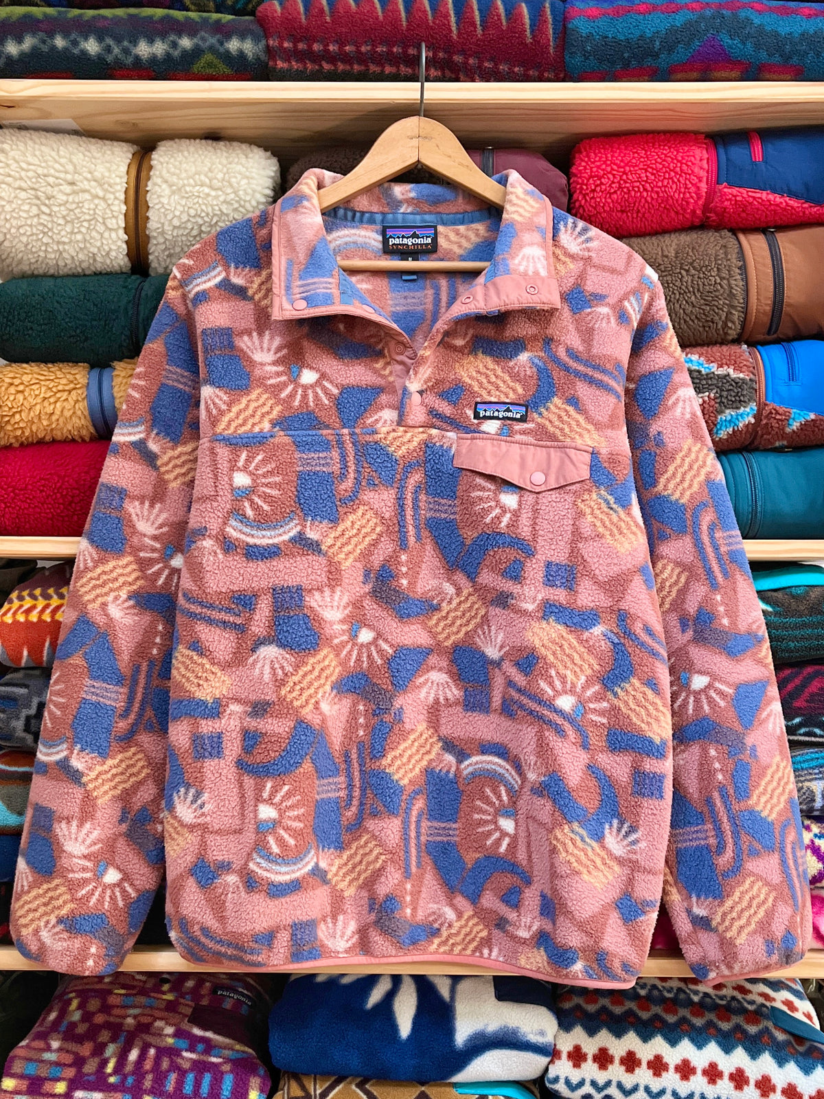 2019 Patagonia Womens Printed Synchilla Snap-T, Canyon Block: Sisu Brown (M)