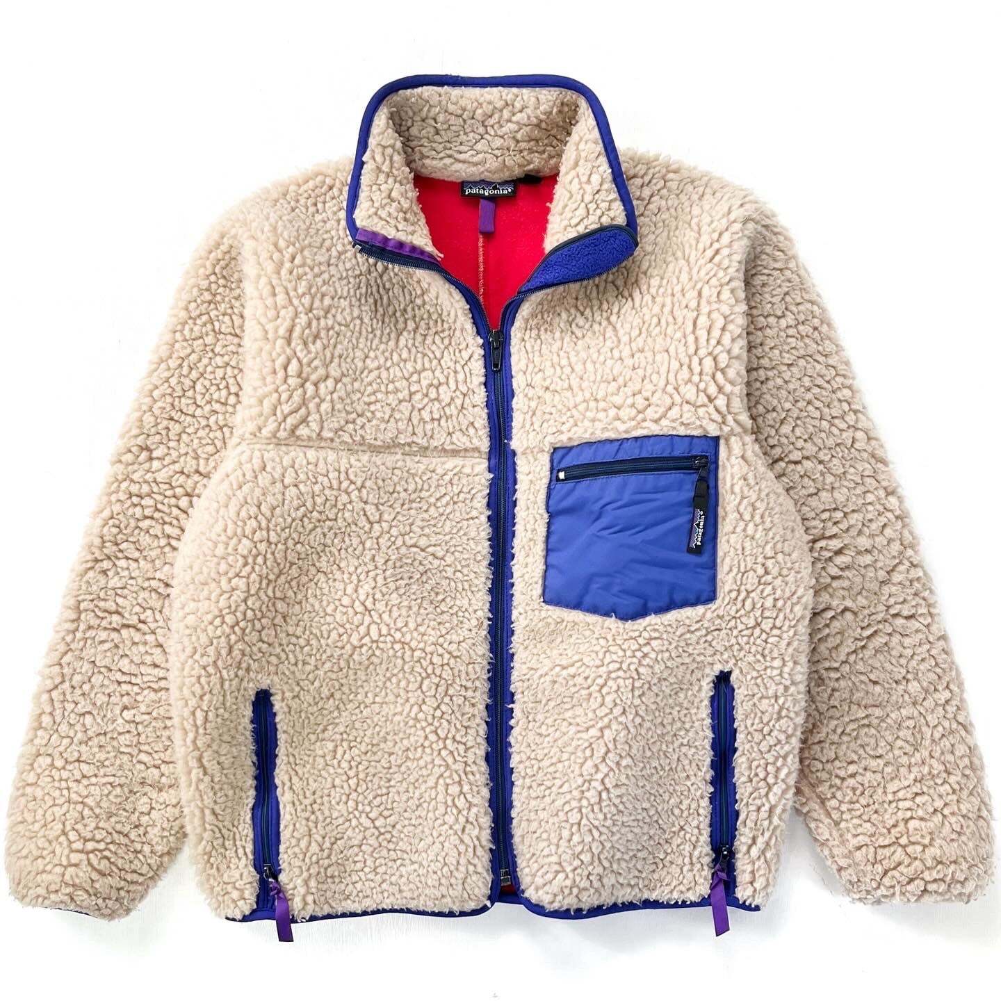 1989 Patagonia First Edition Retro Pile Cardigan, Natural & Cobalt (L)