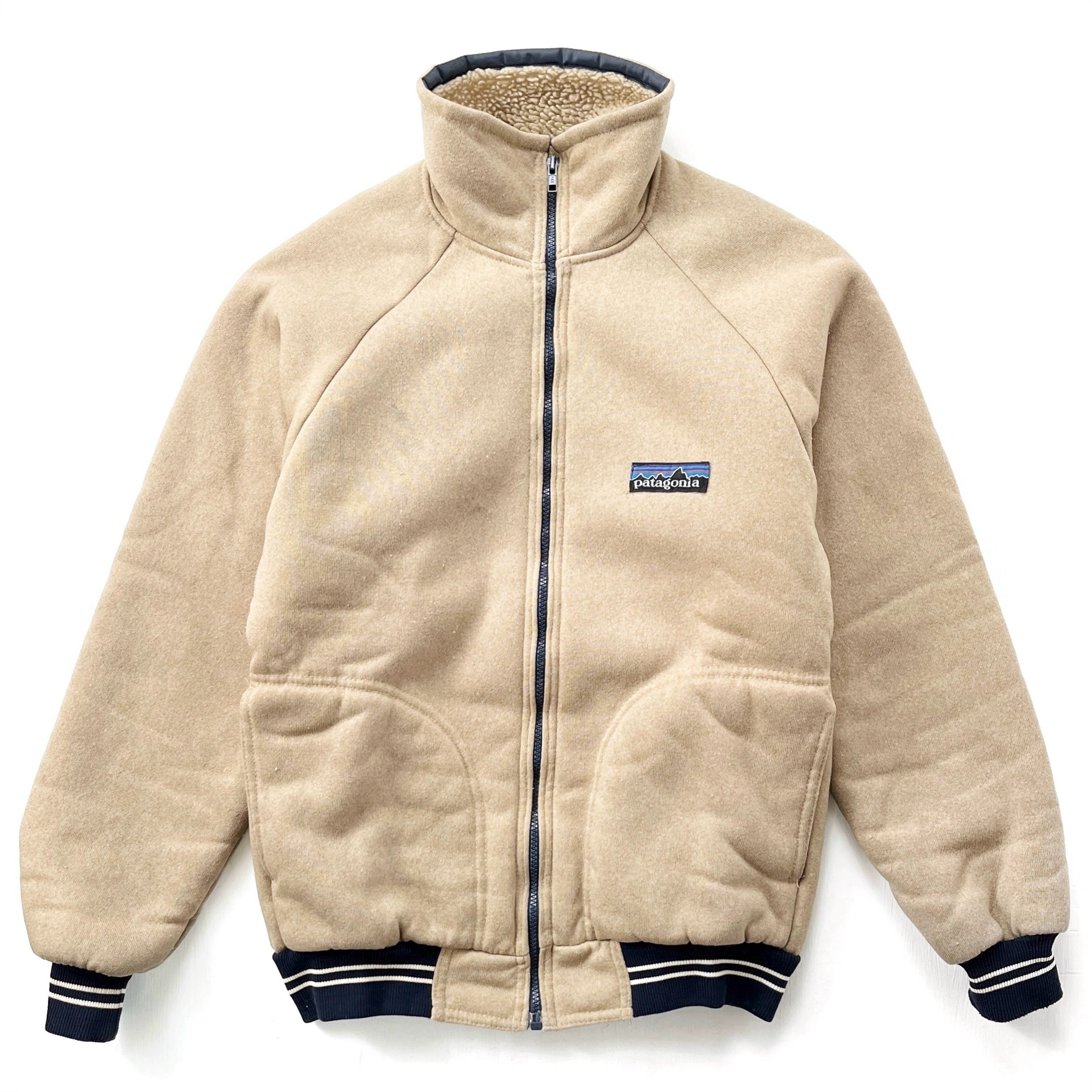 1980 Patagonia Full-Zip Pile Jacket, Light Tan & Navy (S)