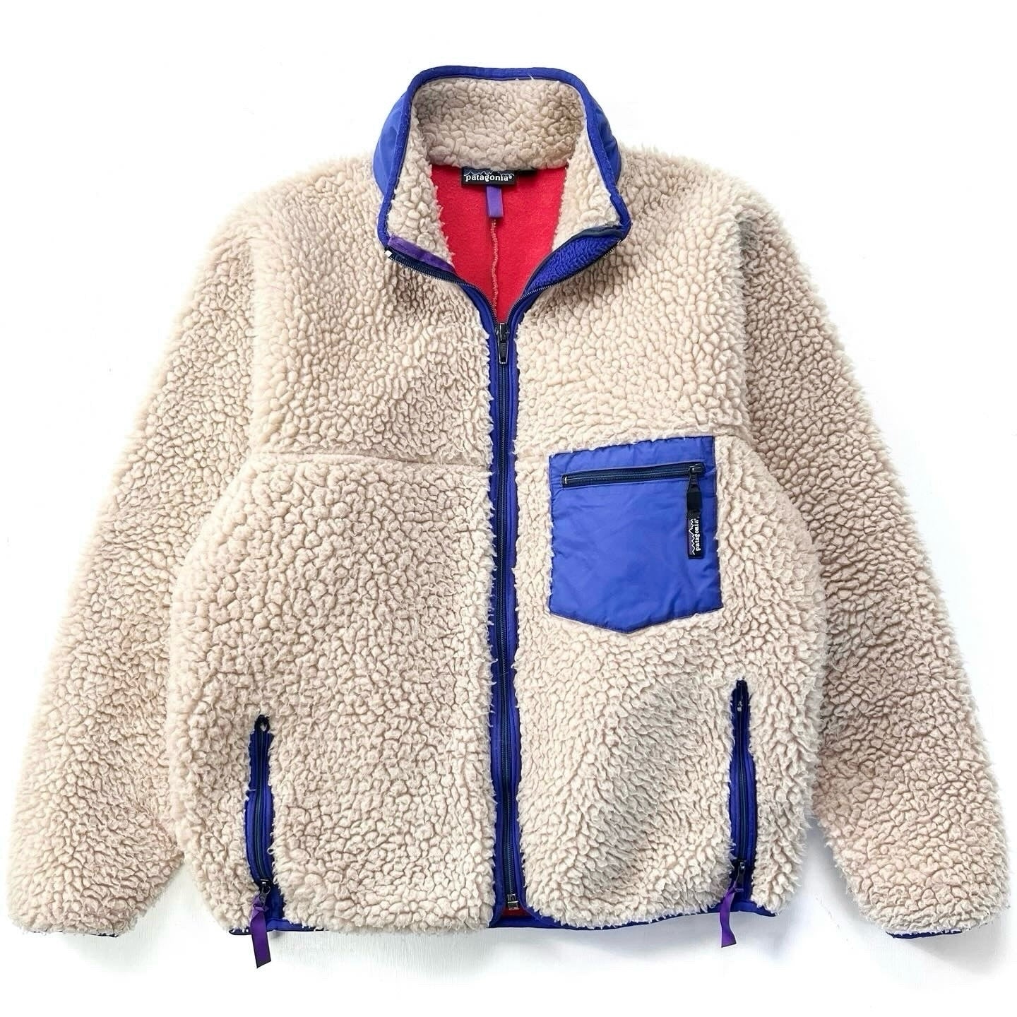 1989 Patagonia Made In The U.S.A. Retro Pile Cardigan, Natural & French Red (M/L)