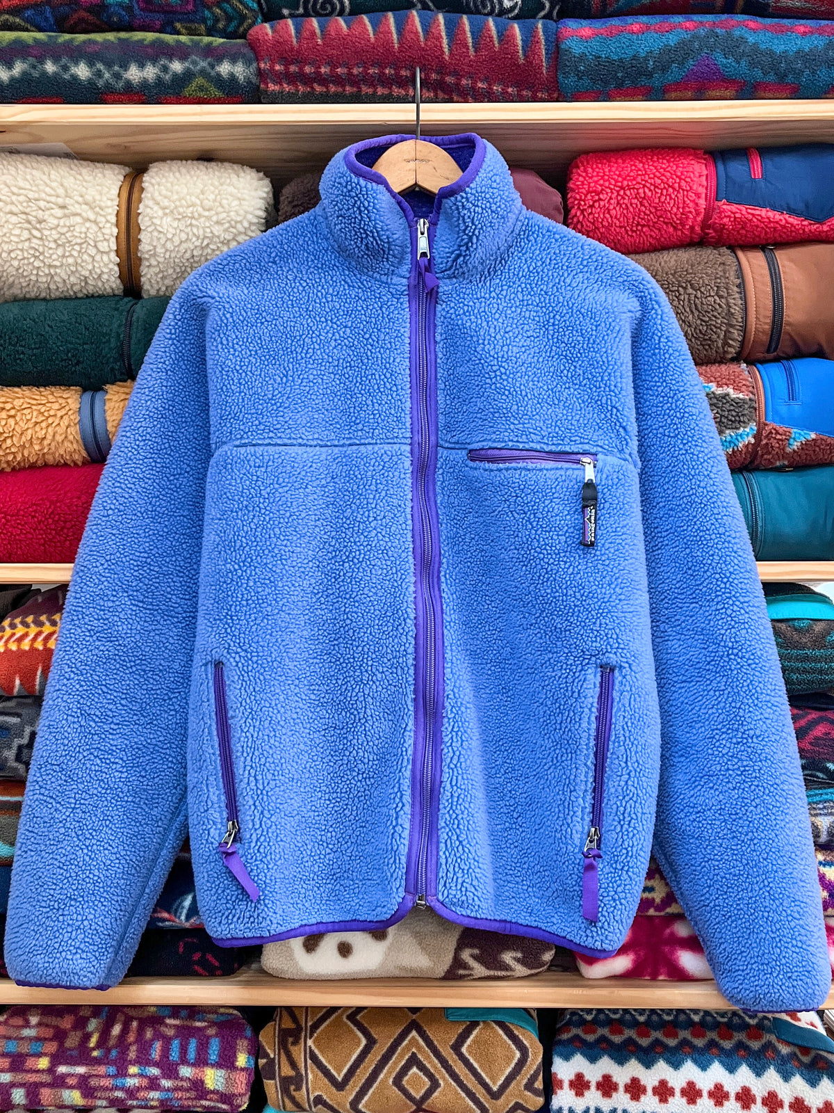 1991 Patagonia Made In The U.S.A. Retro Pile Cardigan, Cornflower / Purple (S)