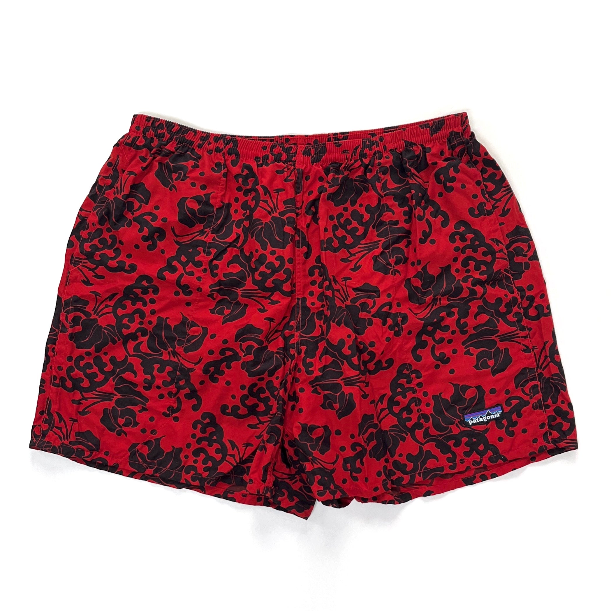 2006 Patagonia Mens 5” Printed Nylon Baggies Shorts, Red & Black