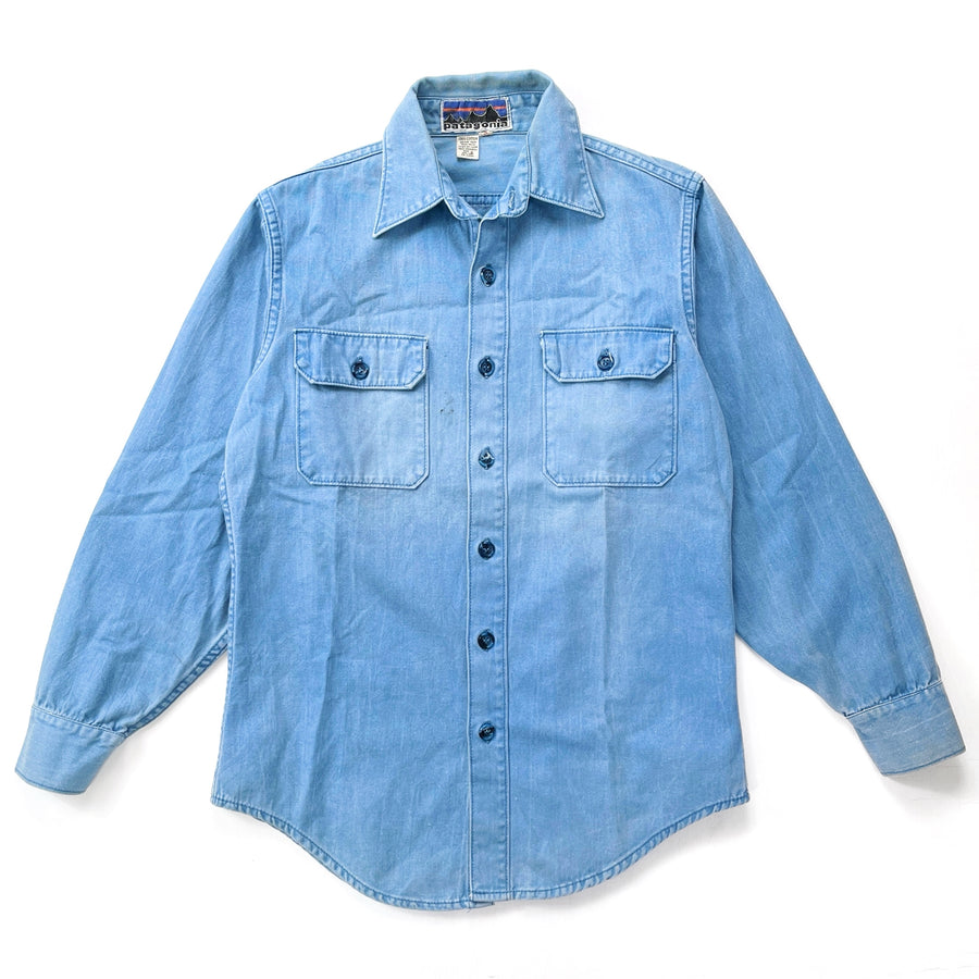 1970s Patagonia “Big Label” Cotton Canvas Shirt, Light Blue (S)